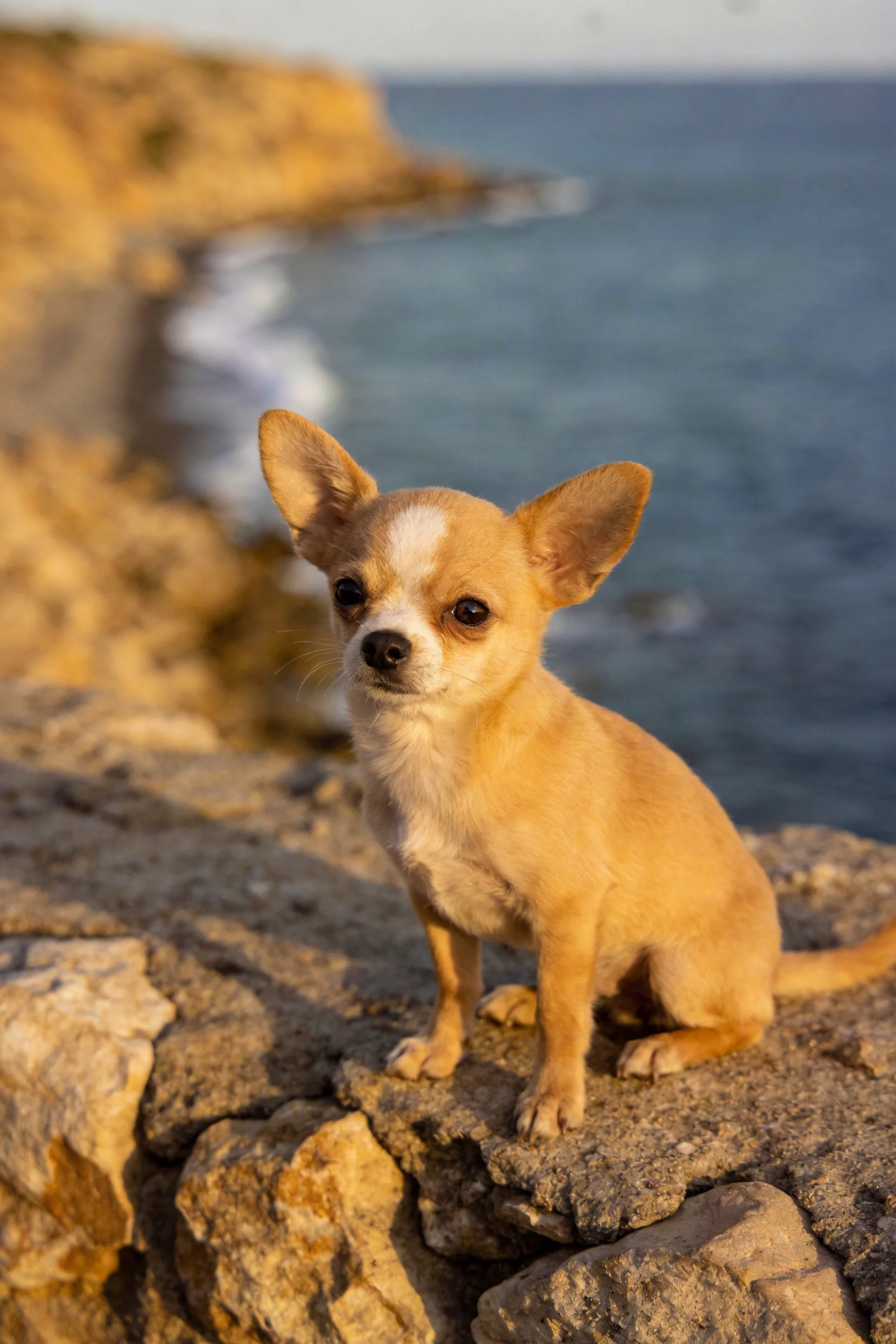 吉娃娃犬有着浅棕色皮毛和白色面部斑纹,正安静地坐在岩石上,耳朵竖立,目光注视前方。