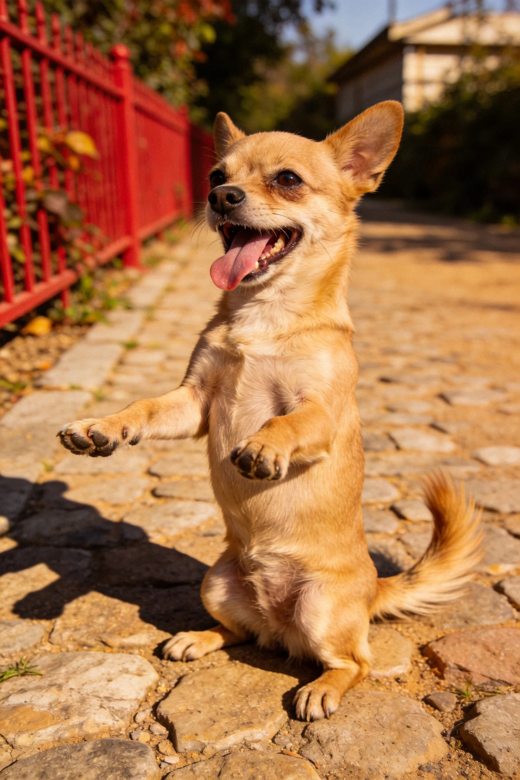 一只小型吉娃娃犬嘴巴张开露出湿润的舌头,站在阳光照射的石板路上。