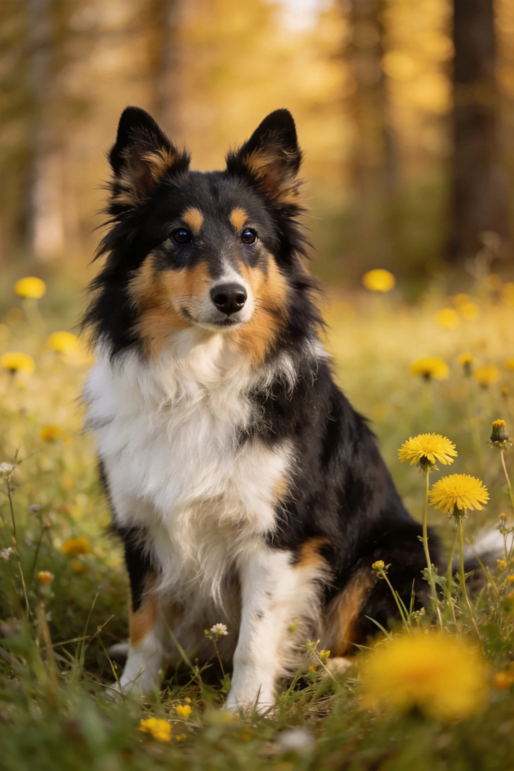 三色长毛设得兰牧羊犬有着蓬松柔软的被毛,黑色、白色与棕色相间分布,耳朵高高竖起注视前方。