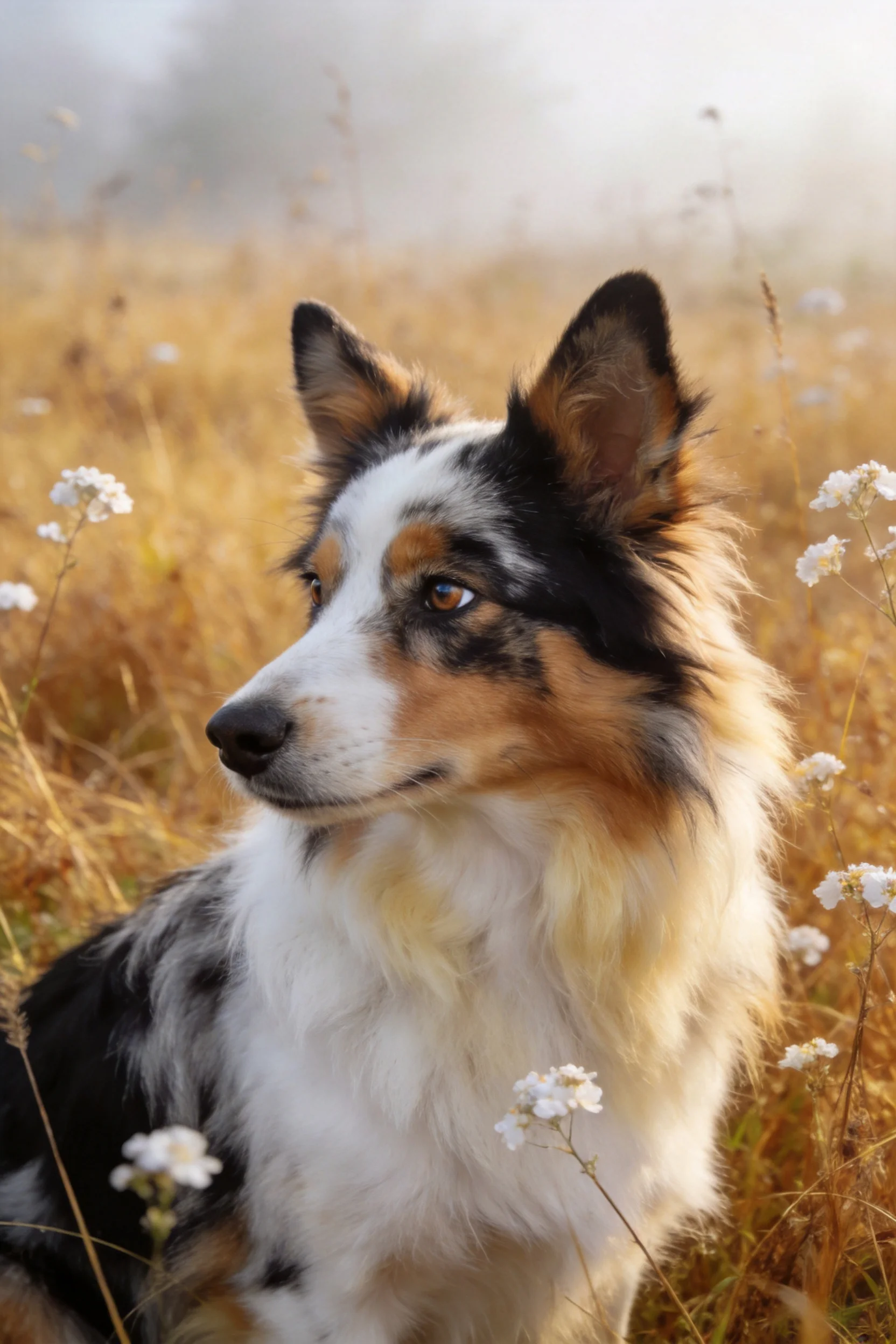 三色澳大利亚牧羊犬有着黑白棕相间的毛发,耳朵竖立,目光注视远方,周围环绕着白色小花与金黄色草甸。