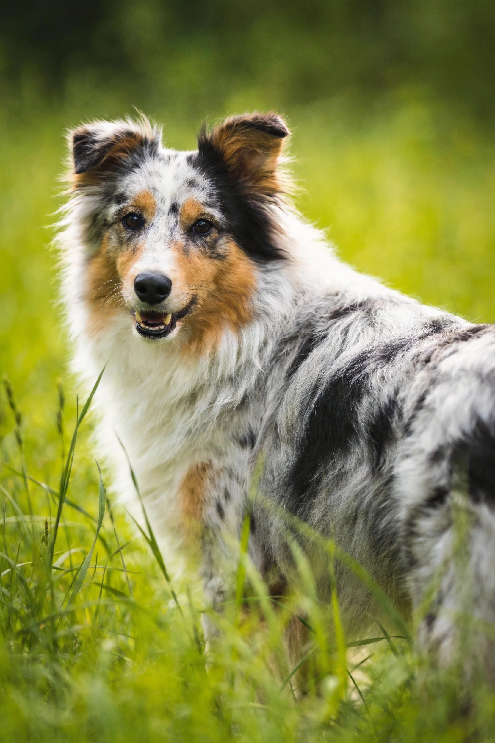 设得兰牧羊犬黑白棕相间的蓬松毛发在光线下显得格外柔软,耳朵竖立姿态警觉。