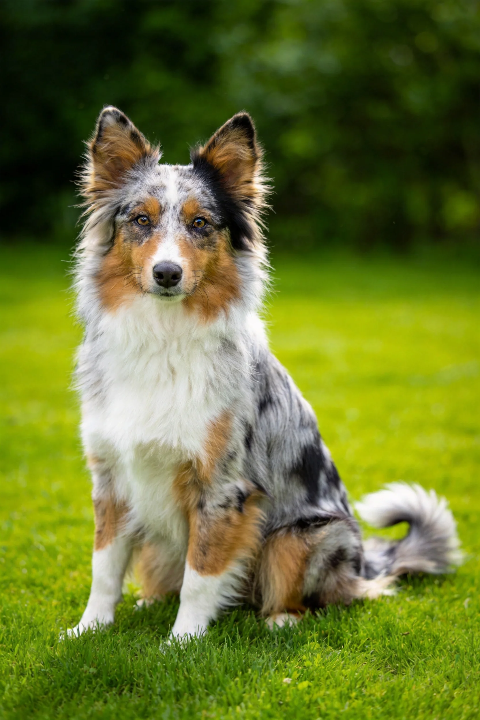 一只三色边境牧羊犬安静地坐在草地上,毛发呈现出青灰色、白色与棕色相间的图案,耳朵竖起,眼神专注。