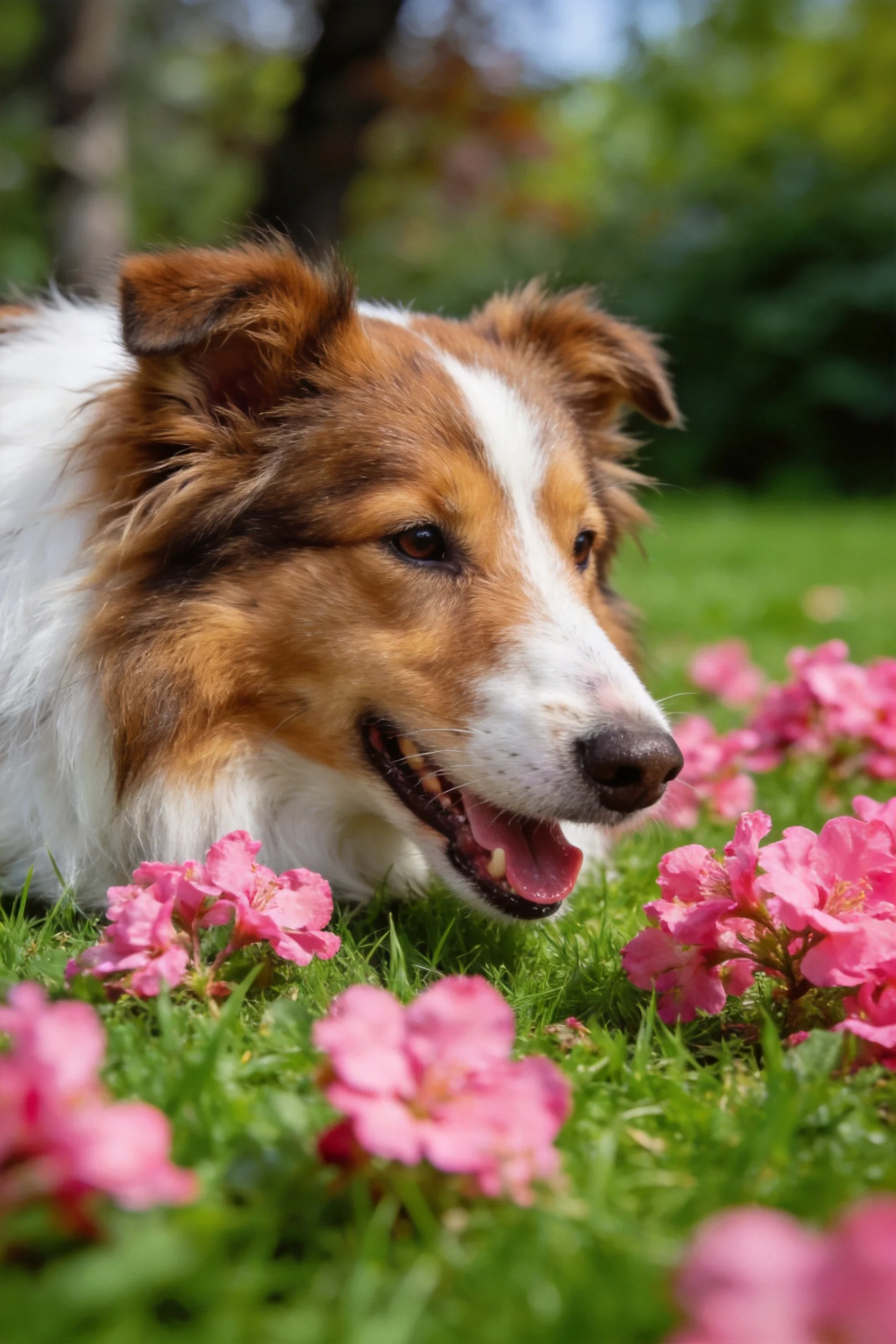苏格兰牧羊犬趴在粉色花朵间的草地上，毛发柔顺且颜色丰富。