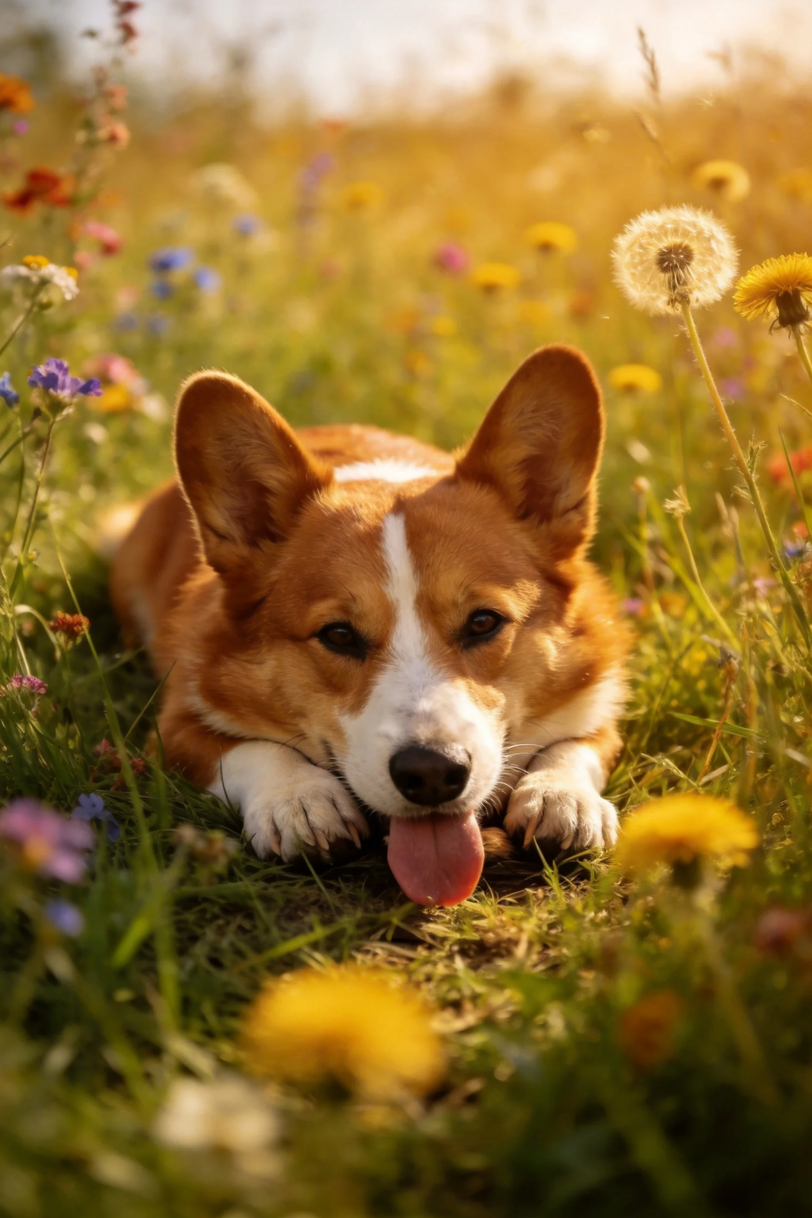 柯基犬吐舌趴卧在野花草地上,橙白相间的被毛柔软,周围环绕着各色野花。