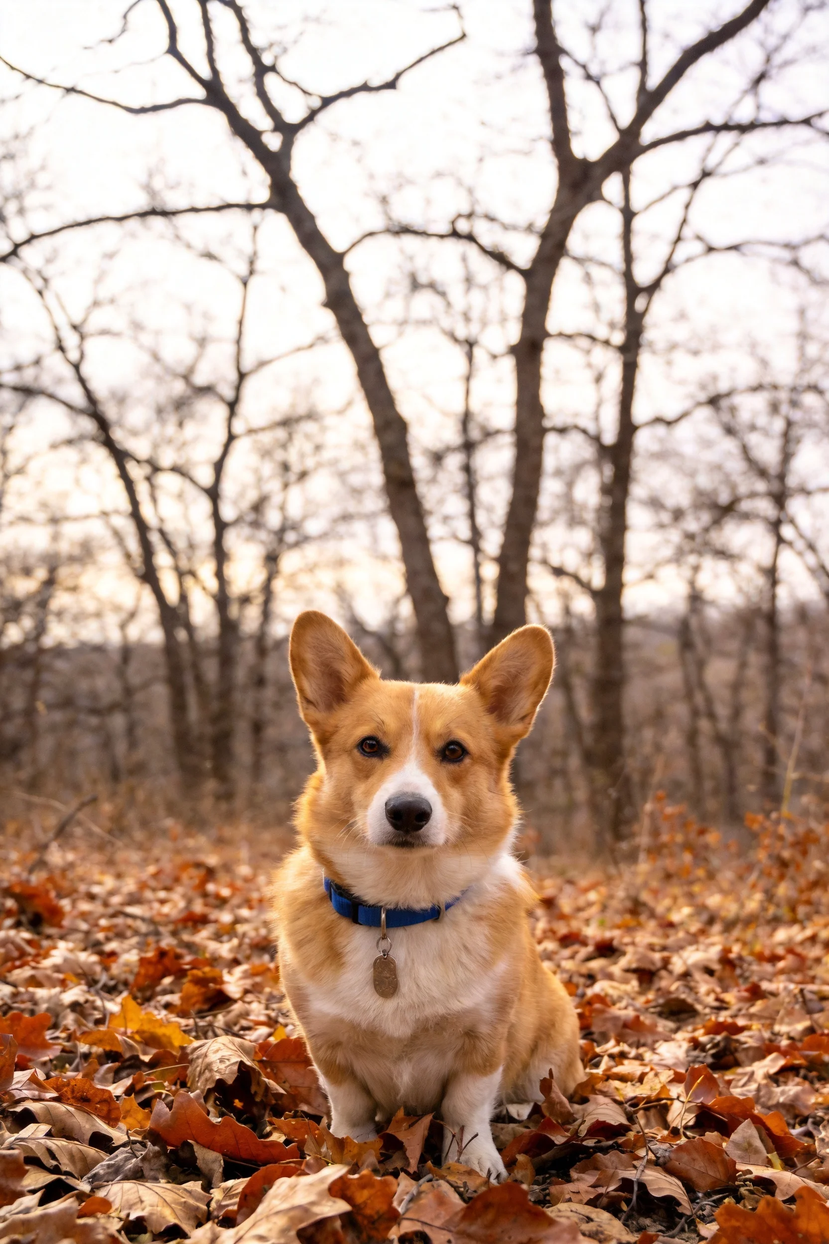 一只毛色棕白的柯基犬安静坐在满是落叶的地面,蓝色项圈清晰可见。