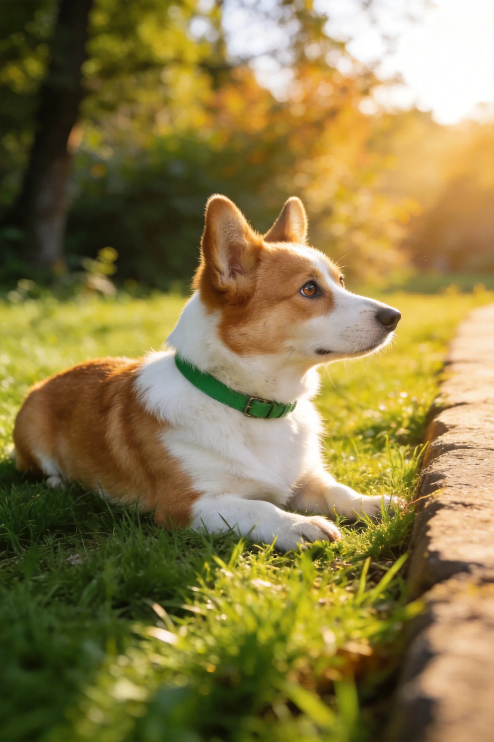 柯基犬趴在阳光照射的草地上,白棕相间的毛发清晰可见,戴着绿色项圈,目光看向远方。
