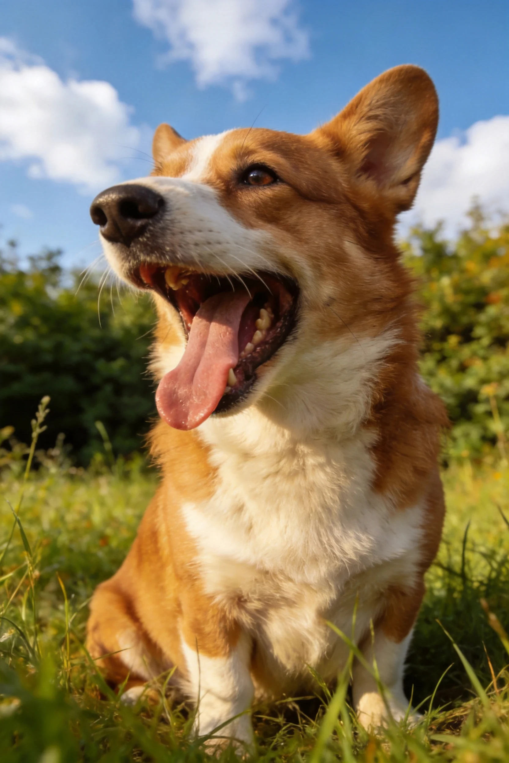 威尔士柯基犬张着嘴，露出湿润的粉色舌头，坐在绿色草地上。