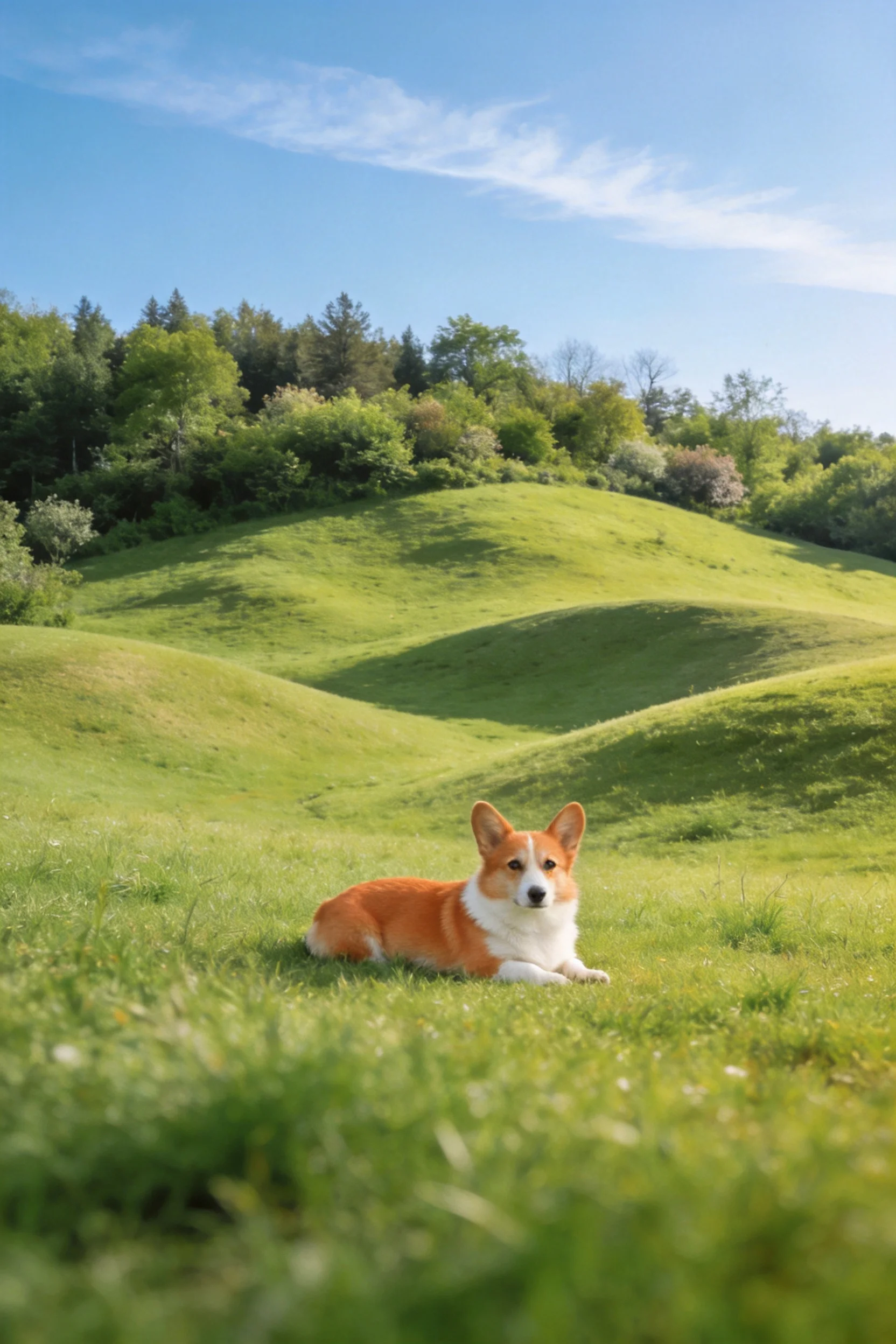短毛威尔士柯基犬红白相间的被毛贴在草地上,耳朵竖立注视前方。