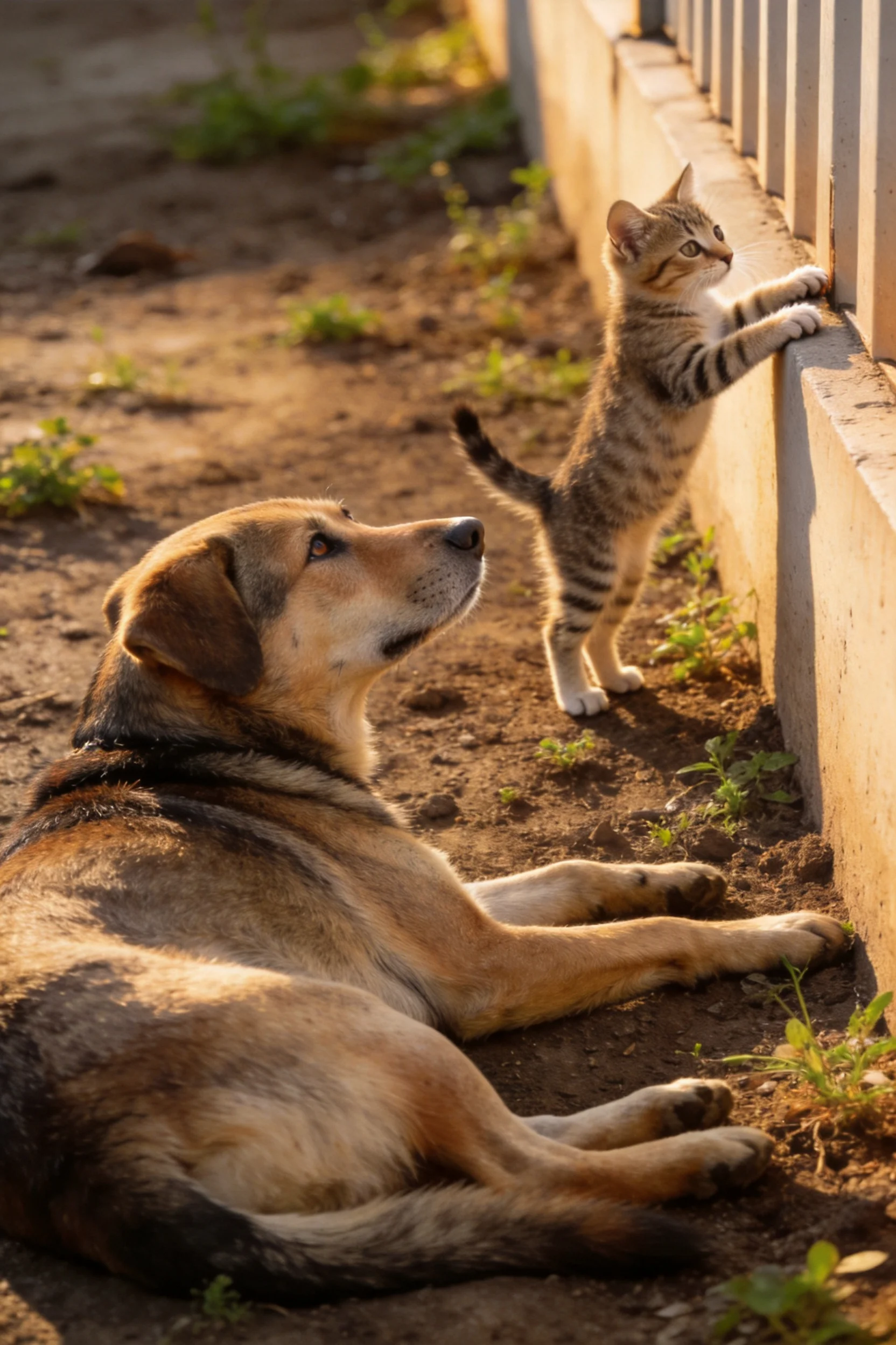 短毛虎斑猫站立着将前爪搭在矮墙上,黄褐短毛混血犬卧躺在泥土上注视着它,猫咪身上清晰的虎斑纹在阳光下显现。