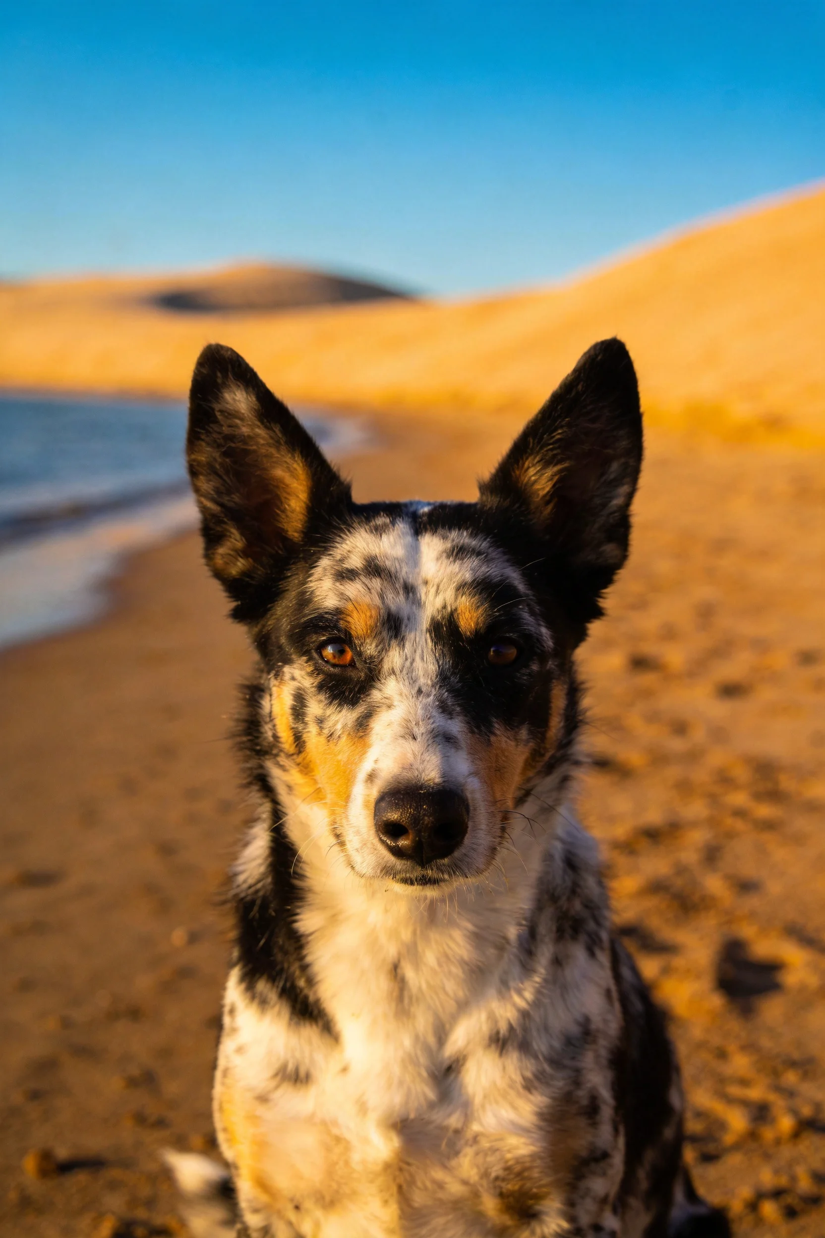 一只澳大利亚牧牛犬,黑白相间的斑纹皮毛,耳朵竖立,目光专注。