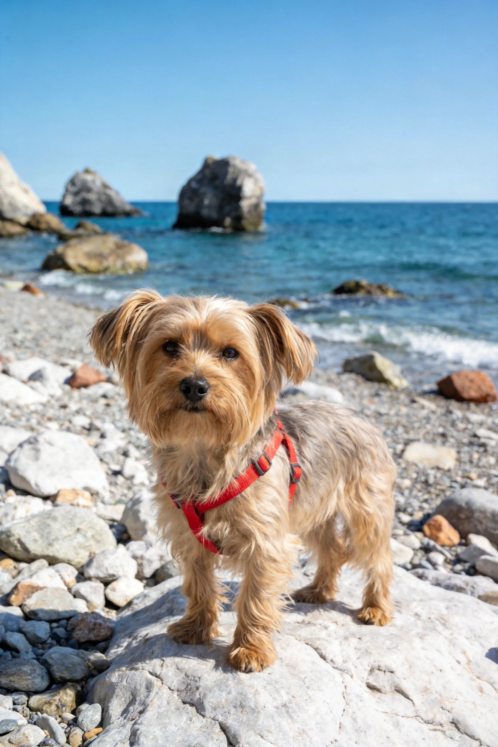 一只小型硬毛梗犬站在海岸岩石上,浅棕色卷毛带有深色斑纹,身上系着红色胸背带,周围是鹅卵石海滩和蓝色海洋。