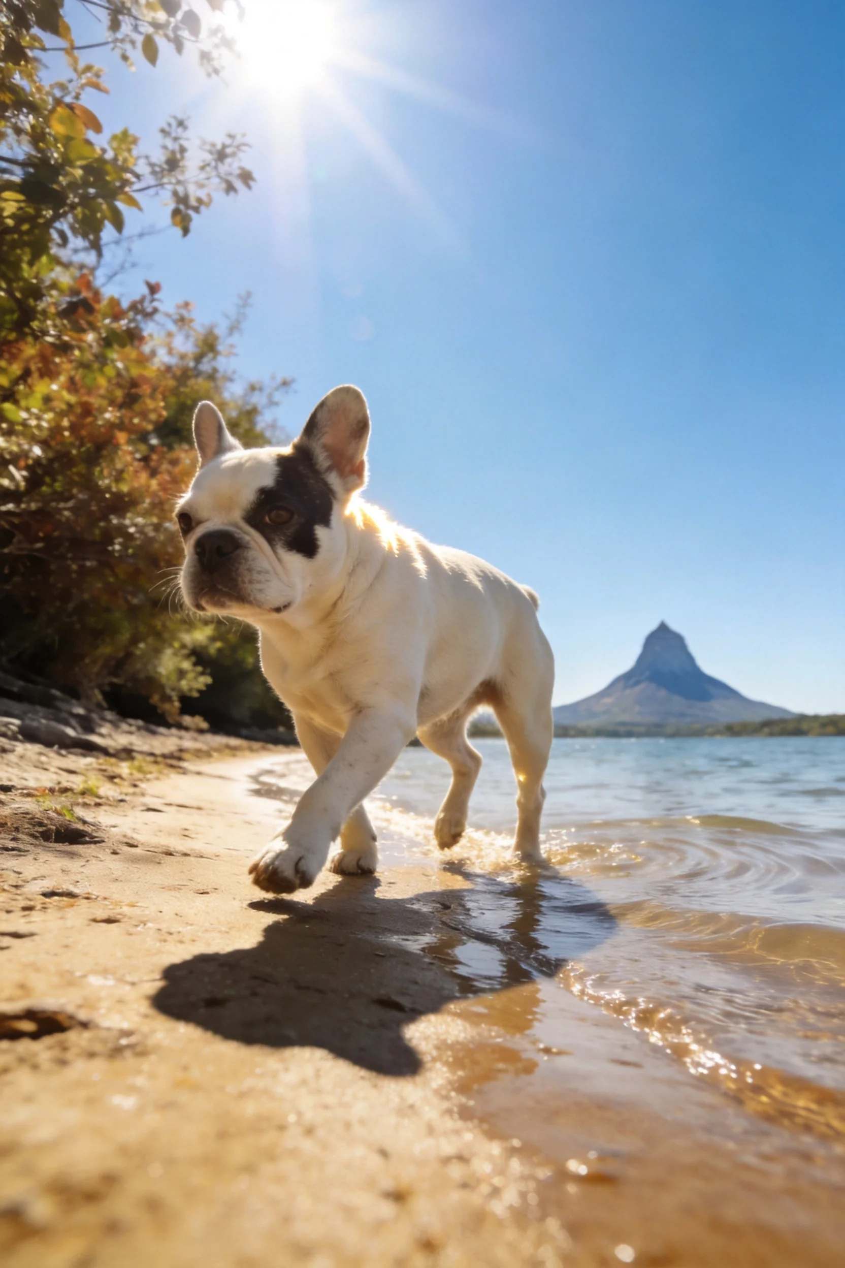 法国斗牛犬黑白相间的毛发在阳光下显得整洁,正沿着潮湿的沙滩水边稳健行走。