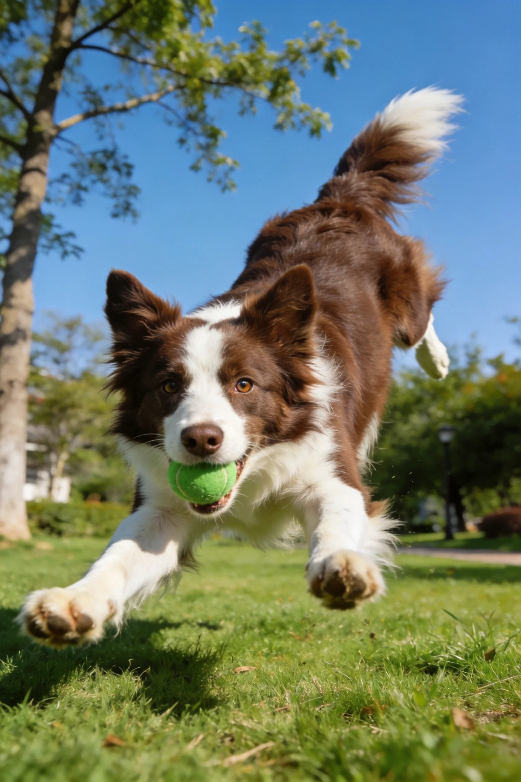 边境牧羊犬叼着绿色网球，棕白相间的毛发在阳光下清晰可见，奔跑的姿态展现出强劲的力量感。