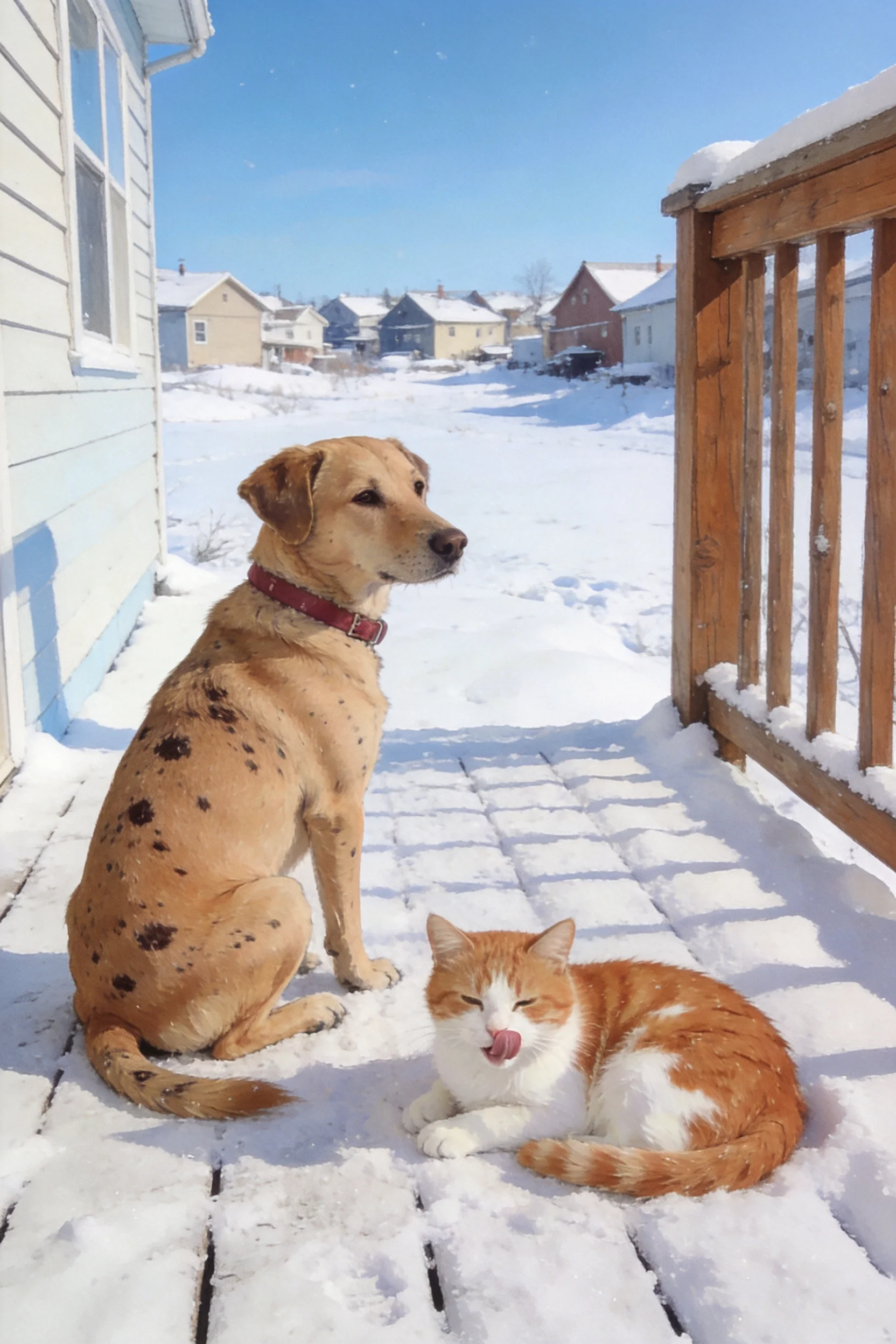 一坐的斑点混血犬与蜷卧舔舌的橘白相间短毛家猫,雪地平台上呈现冬日暖光下的生活场景。
