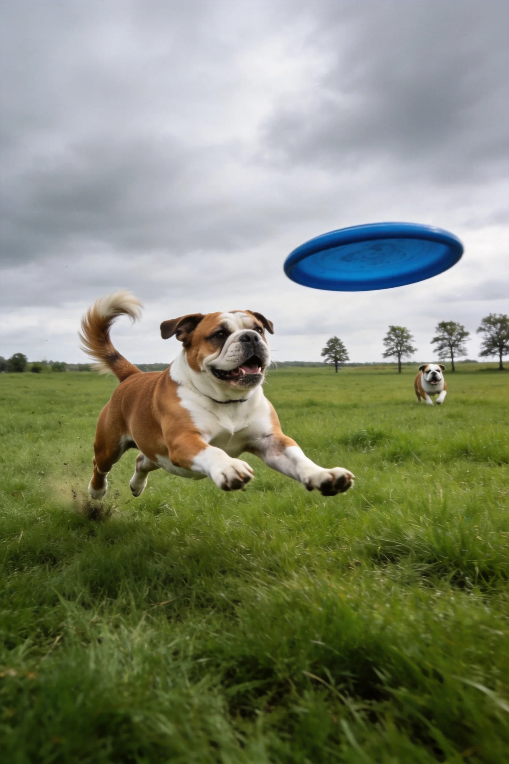 英国斗牛犬正全力跃向空中蓝色的飞盘,棕白相间的被毛和专注的表情清晰可见。