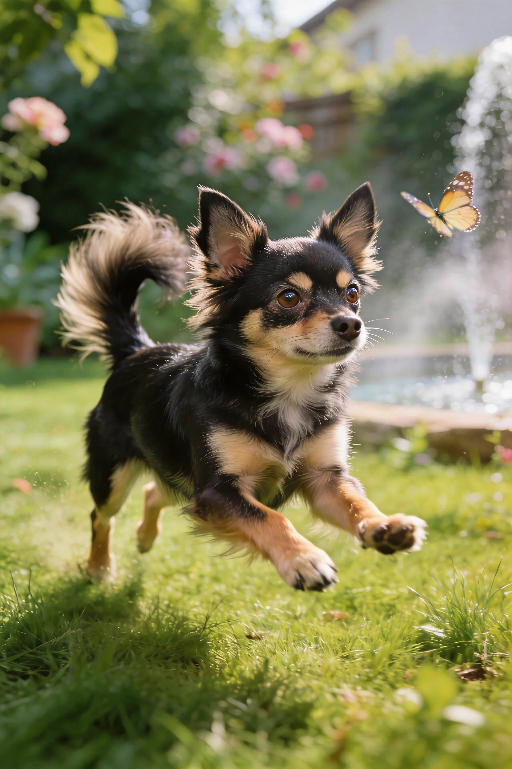 吉娃娃犬正朝着飞舞的蝴蝶奔跑，黑棕相间的毛发和奔跑姿态清晰可见。