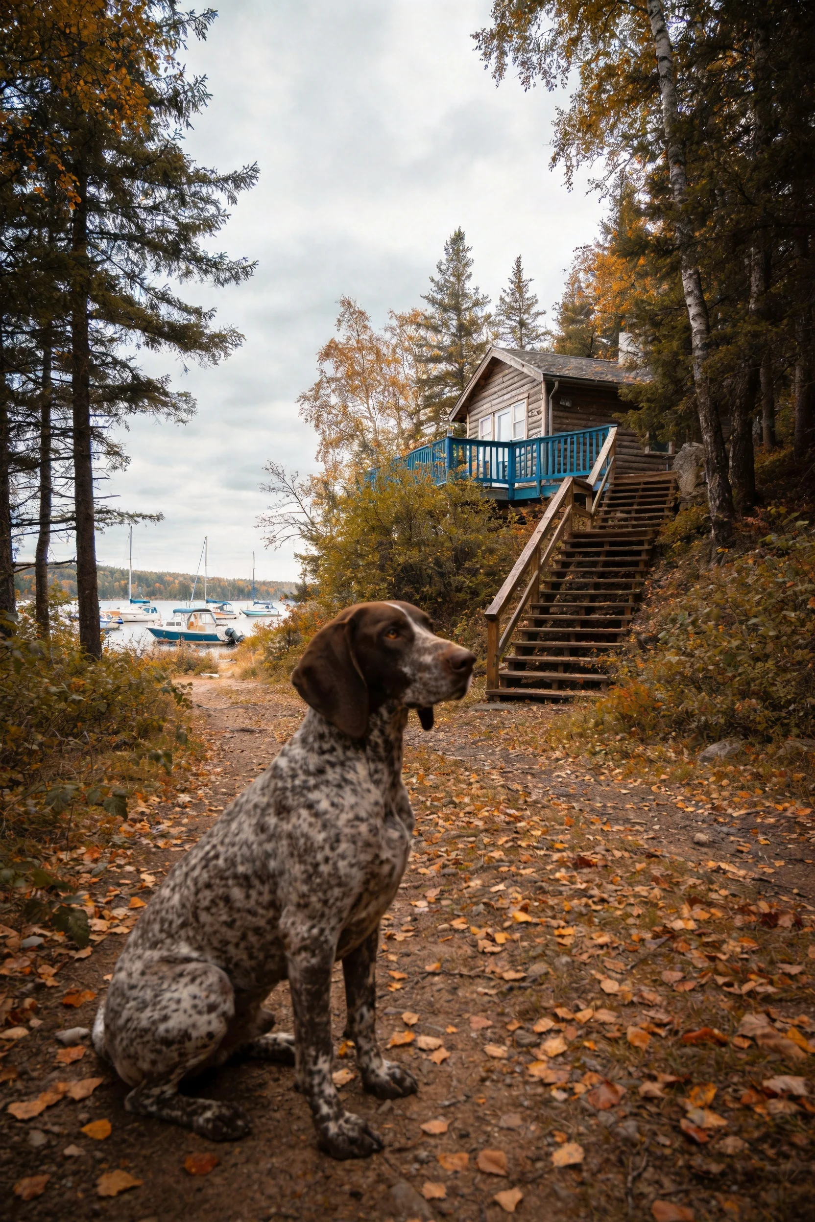 一只德国短毛指示犬安静坐着,身上有灰色与白色相间的斑点皮毛,周围是秋季山林环境。