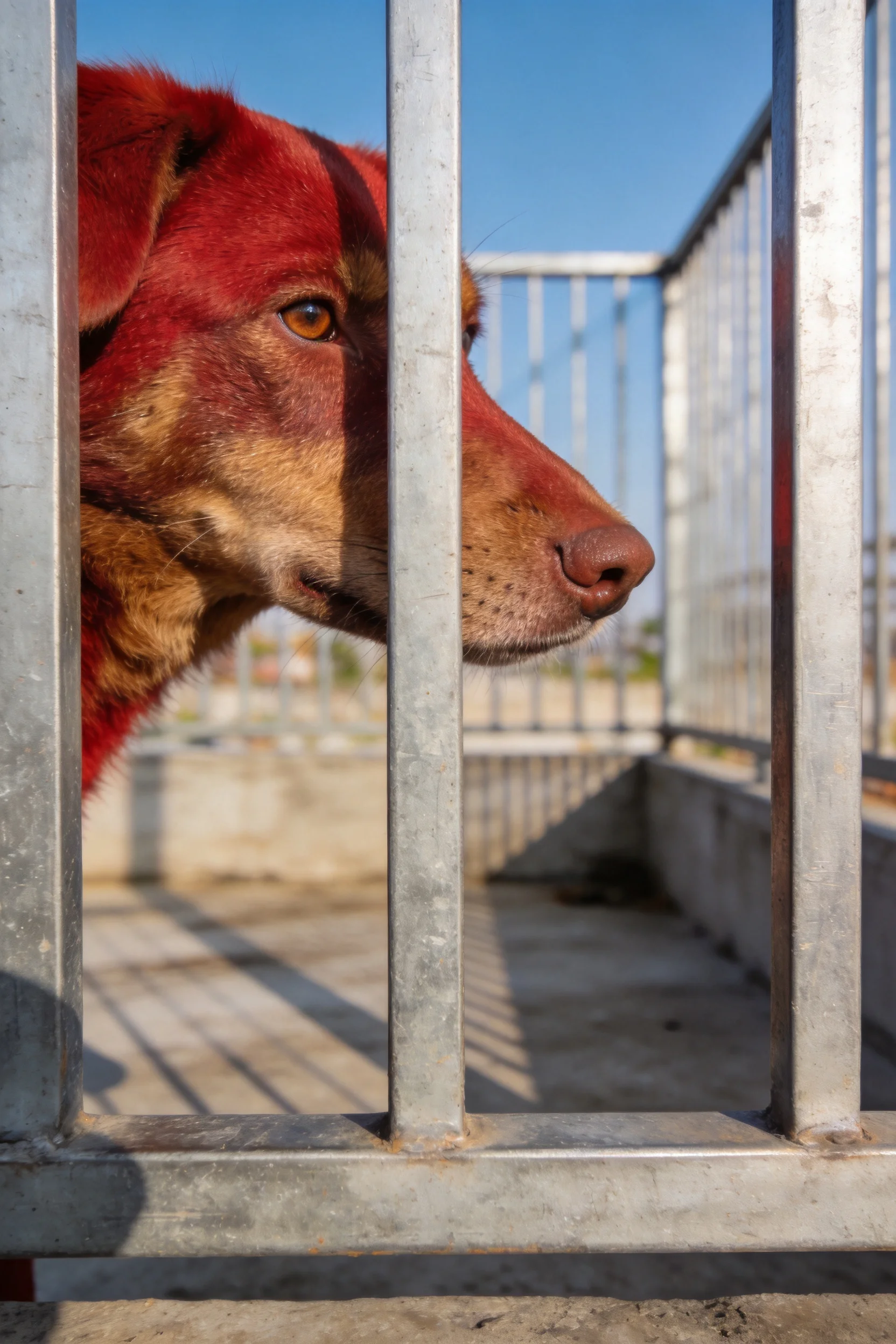 红棕毛色混血犬透过金属栏杆,鼻尖微微湿润,眼神专注。