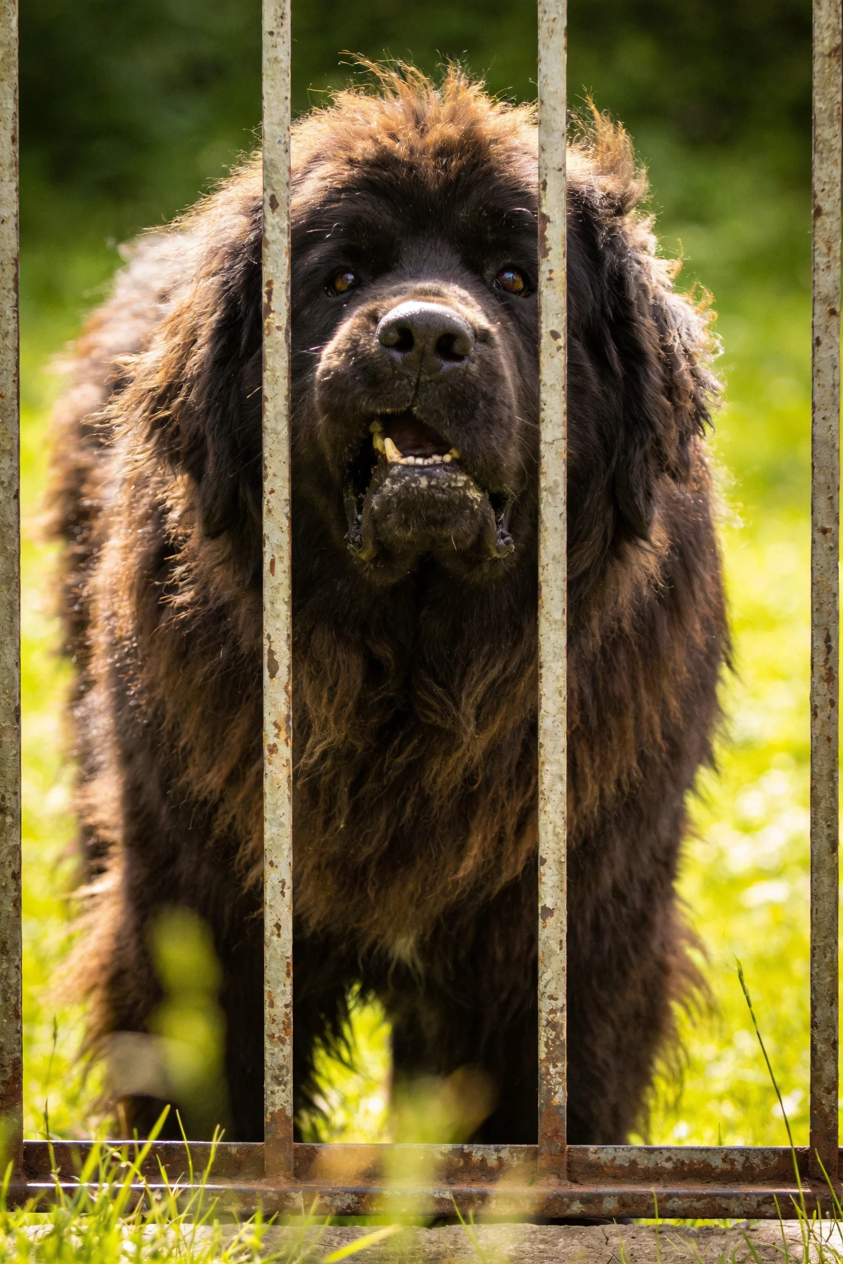纽芬兰犬站在铁栏杆后，深棕色蓬松毛发，嘴巴张开露出牙齿。