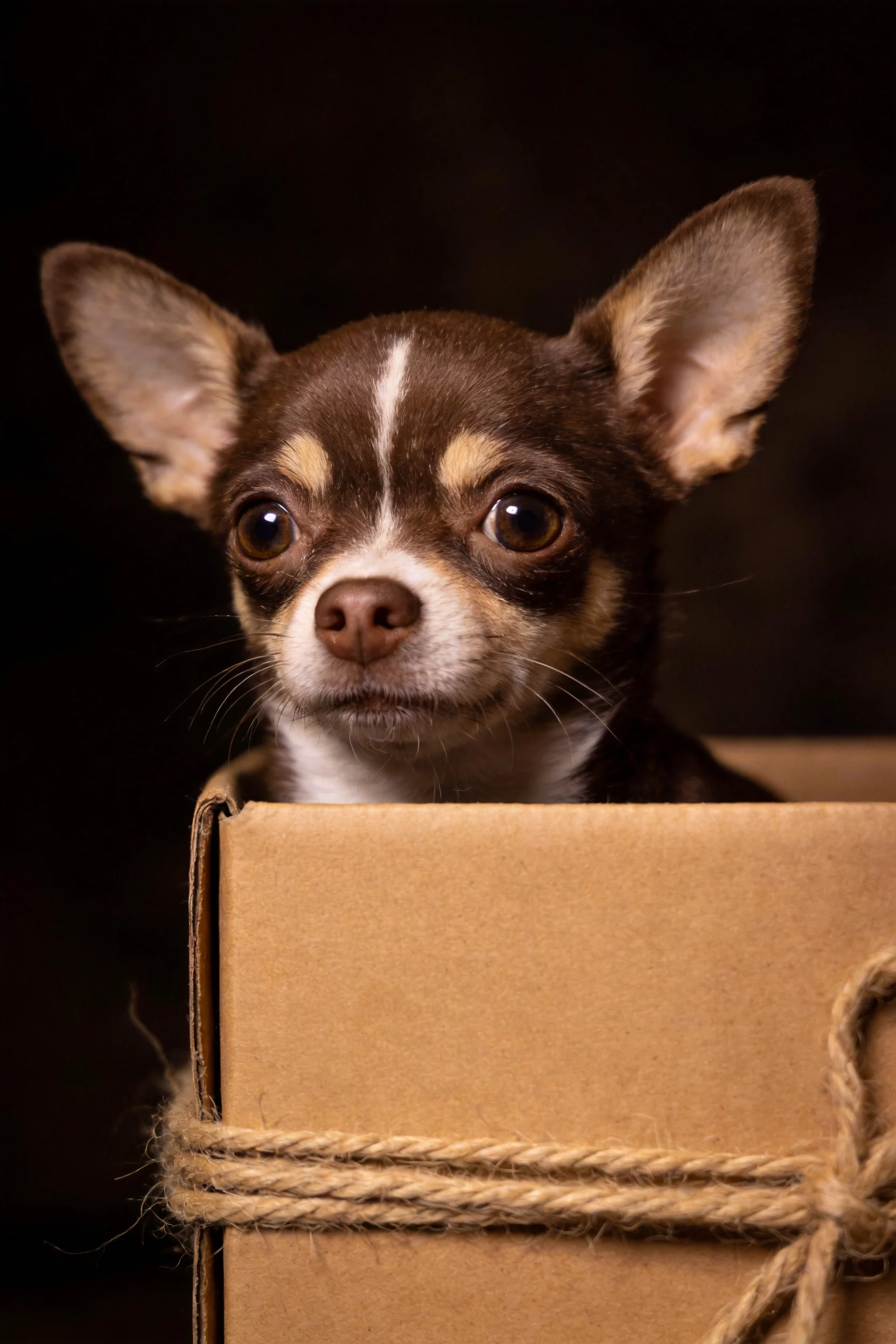 吉娃娃犬圆睁双眼,黑棕白三色毛发,耳朵竖立在卡通纸箱内特写画面。