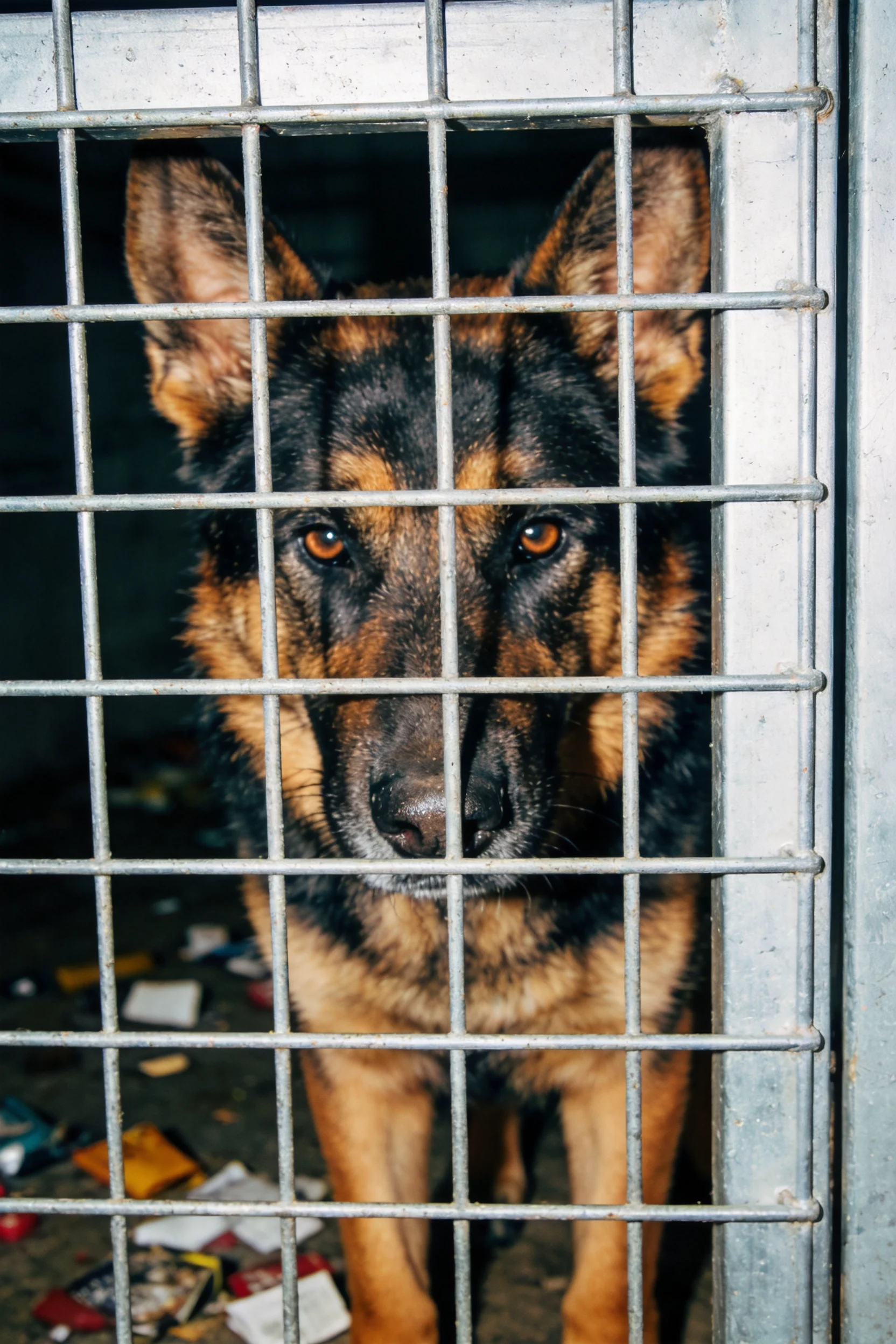 一只德国牧羊犬透过金属栅栏注视镜头,黑棕相间的毛发清晰可见。