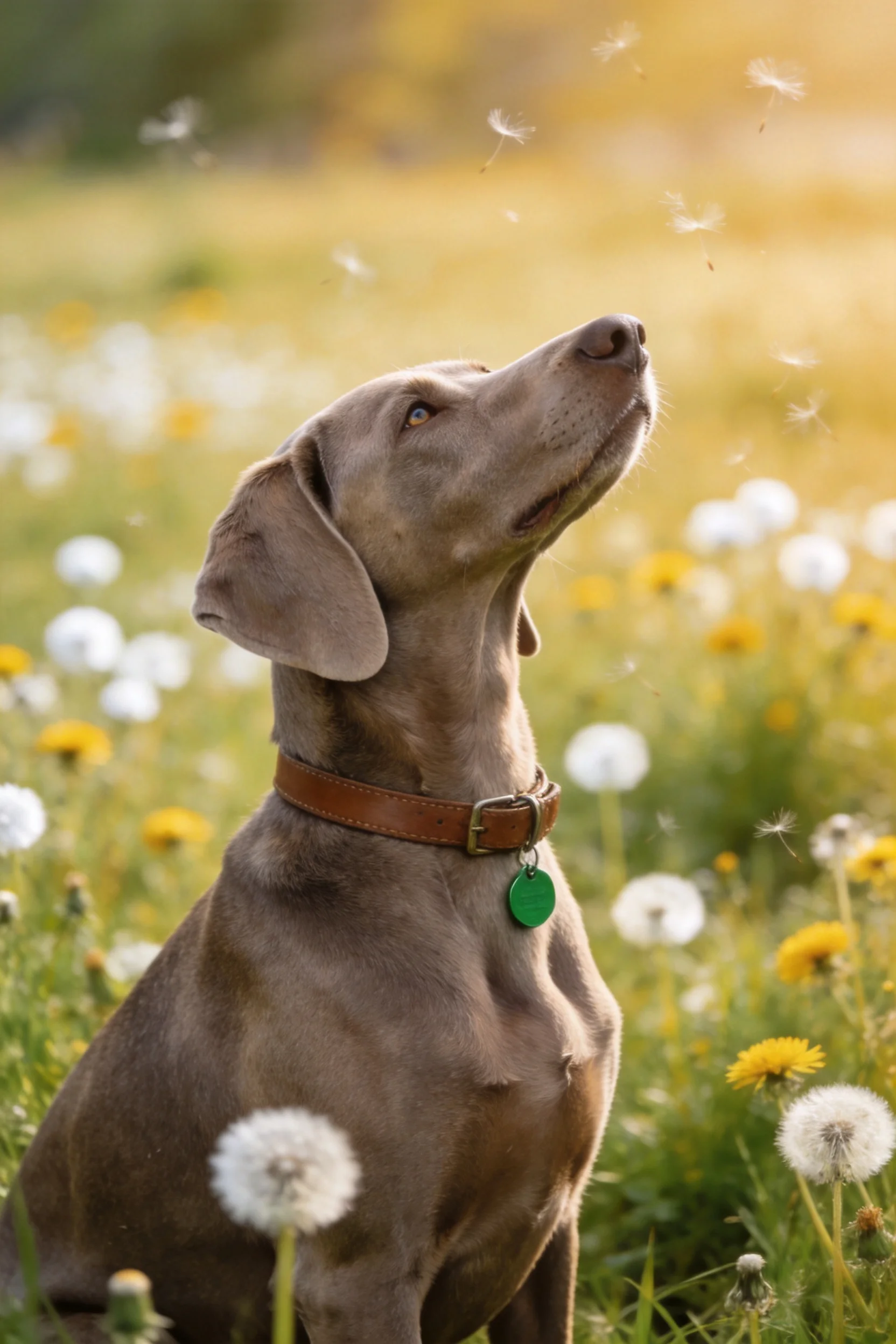一只魏玛兰纳犬抬头注视空中飘浮的蒲公英绒絮，浅灰色色的被毛在阳光下清晰可见。