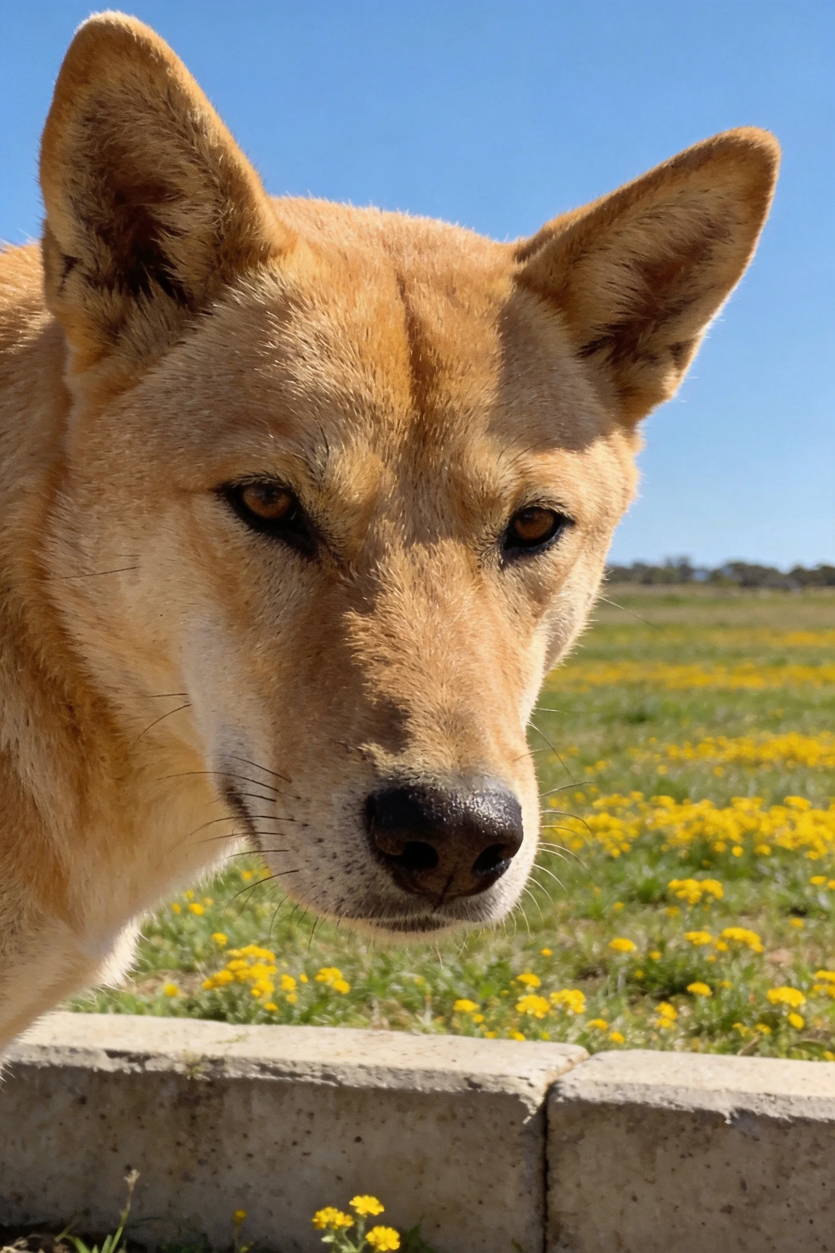 澳洲野犬有着浅棕色皮毛,目光平静注视镜头,面部轮廓清晰可见。
