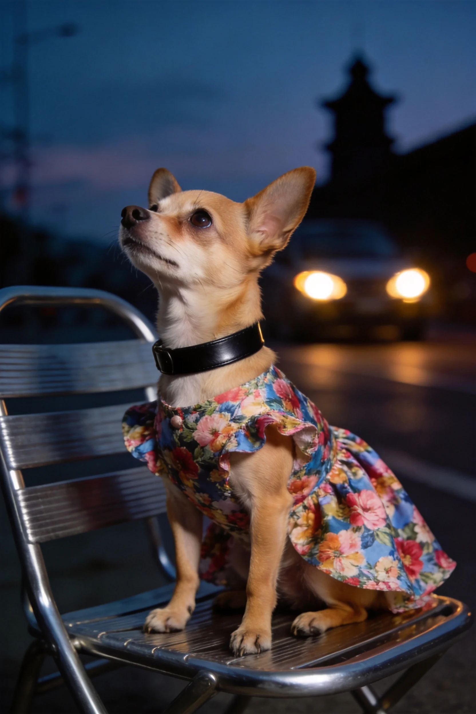 吉娃娃犬抬头凝视远方,身穿彩色花卉连衣裙,身处夜晚的城市环境。