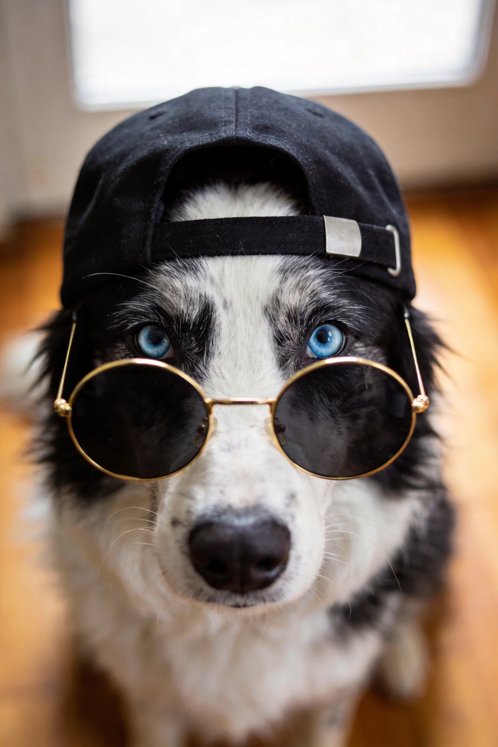 边境牧羊犬戴着黑色棒球帽与圆形墨镜，蓝色眼睛清晰可见，黑白毛发分明。