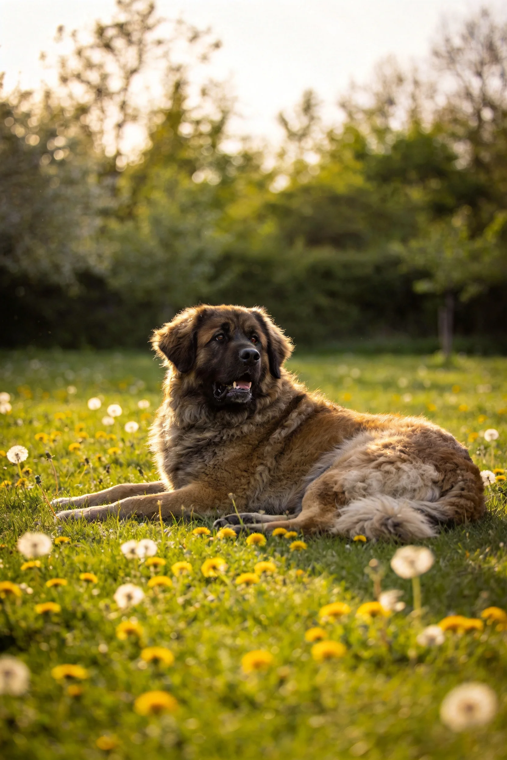高加索犬安静躺卧在花草间,棕褐色蓬松毛发贴附在地面上。