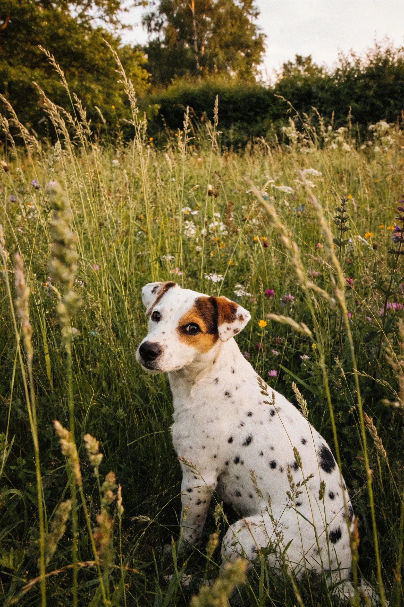 一只带有黑色斑点的白色混血犬,面部有棕色斑纹,正安静地坐在开满野花的草地上,周围是高大草本植物。