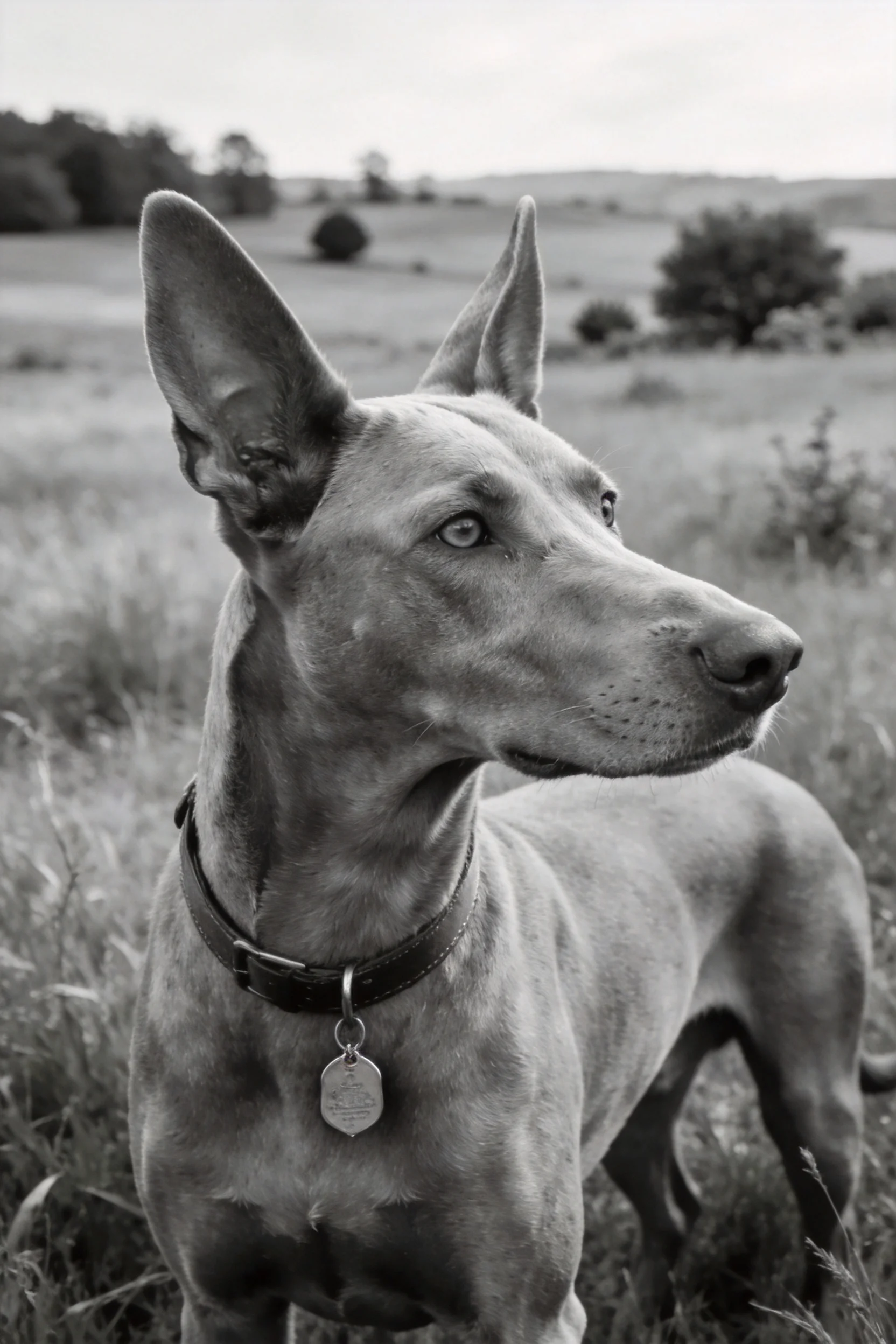 菲律宾猎犬竖耳伫立,青灰色毛发与开阔草地形成鲜明对比。