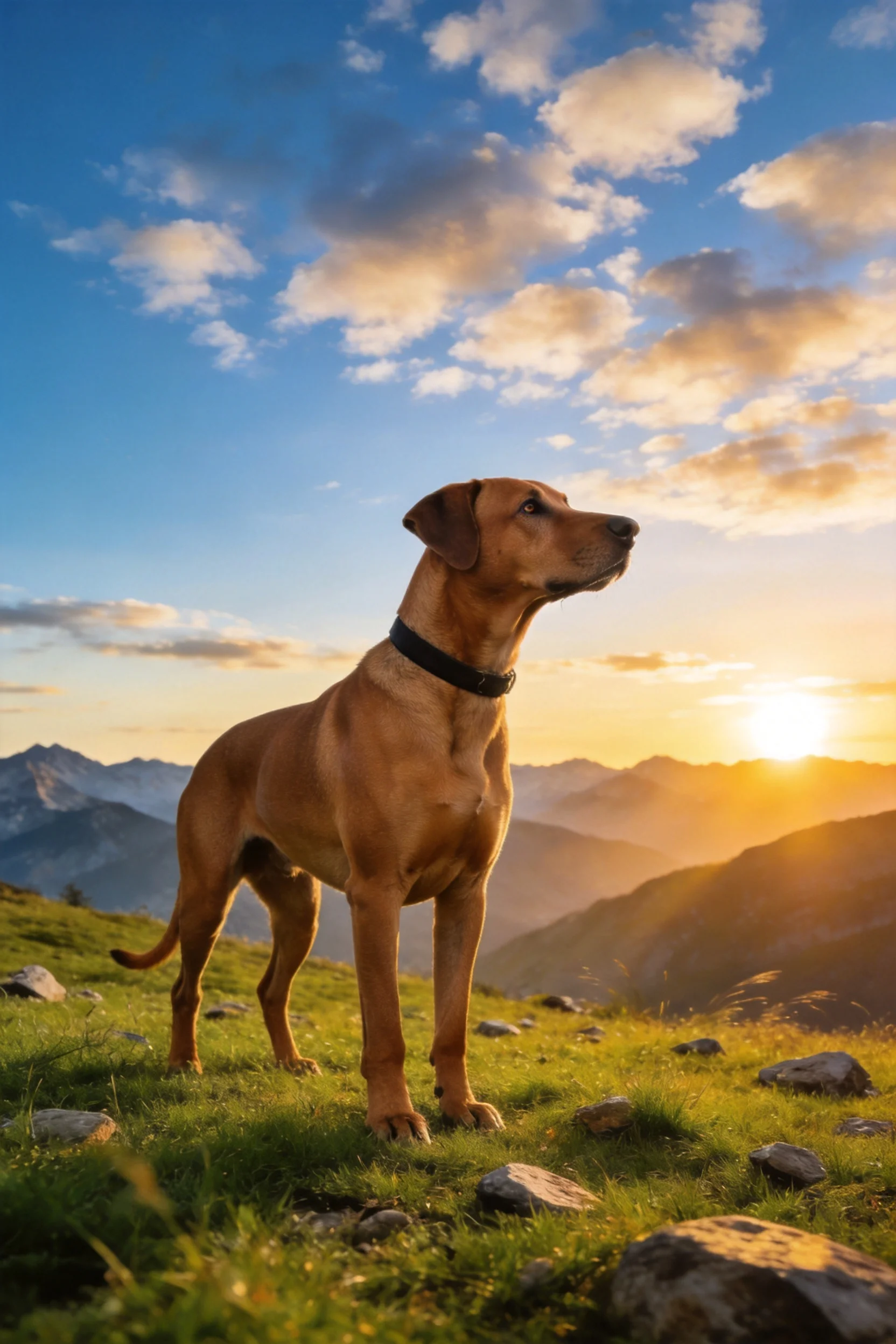 罗德西亚脊背犬红棕色皮毛在夕阳下显得格外醒目,它正站在山地草甸上凝视远方。