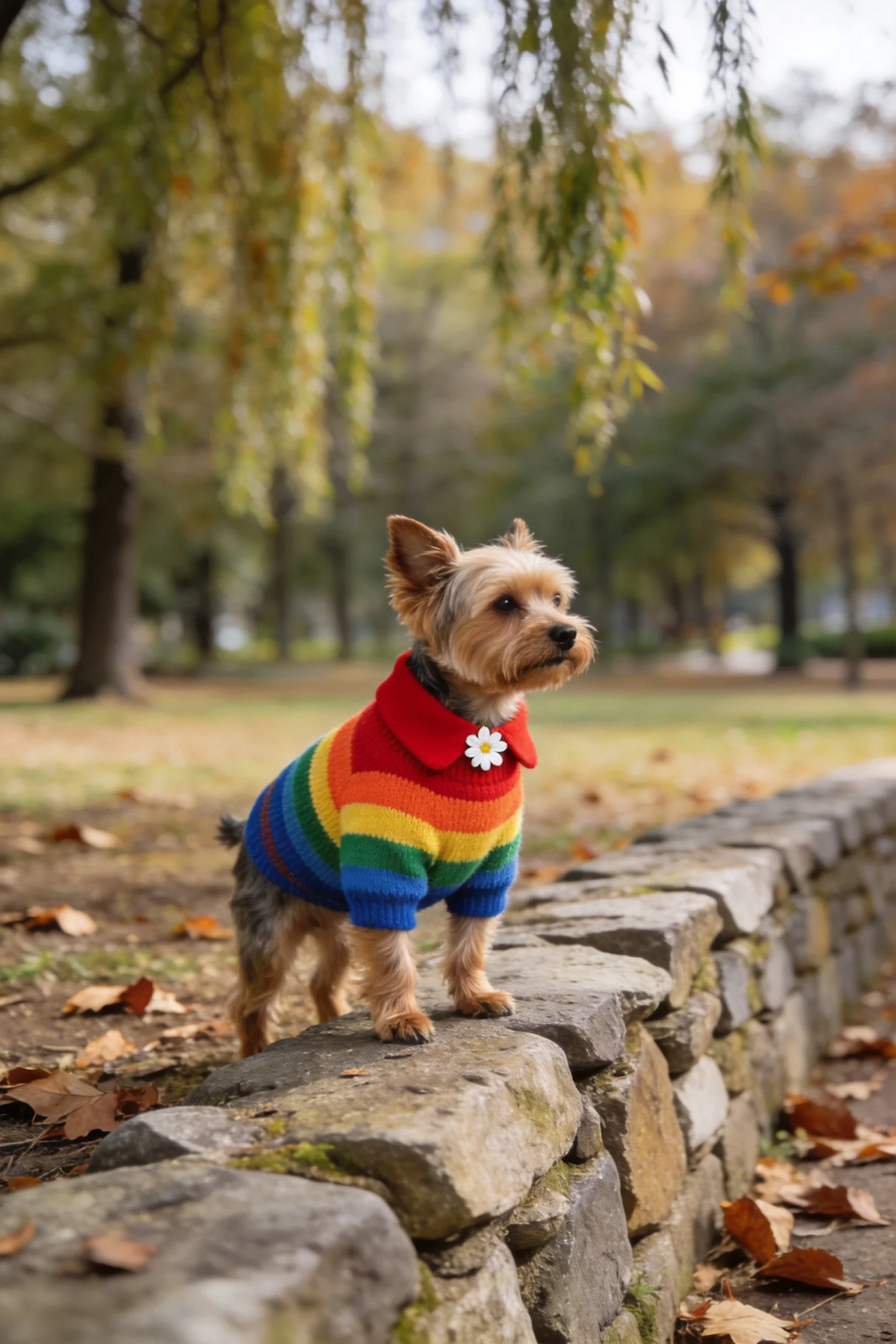 约克夏梗犬穿着彩虹条纹毛衣站在石墙上,毛衣有红橙黄绿蓝颜色,爪子稳稳放在石块上。