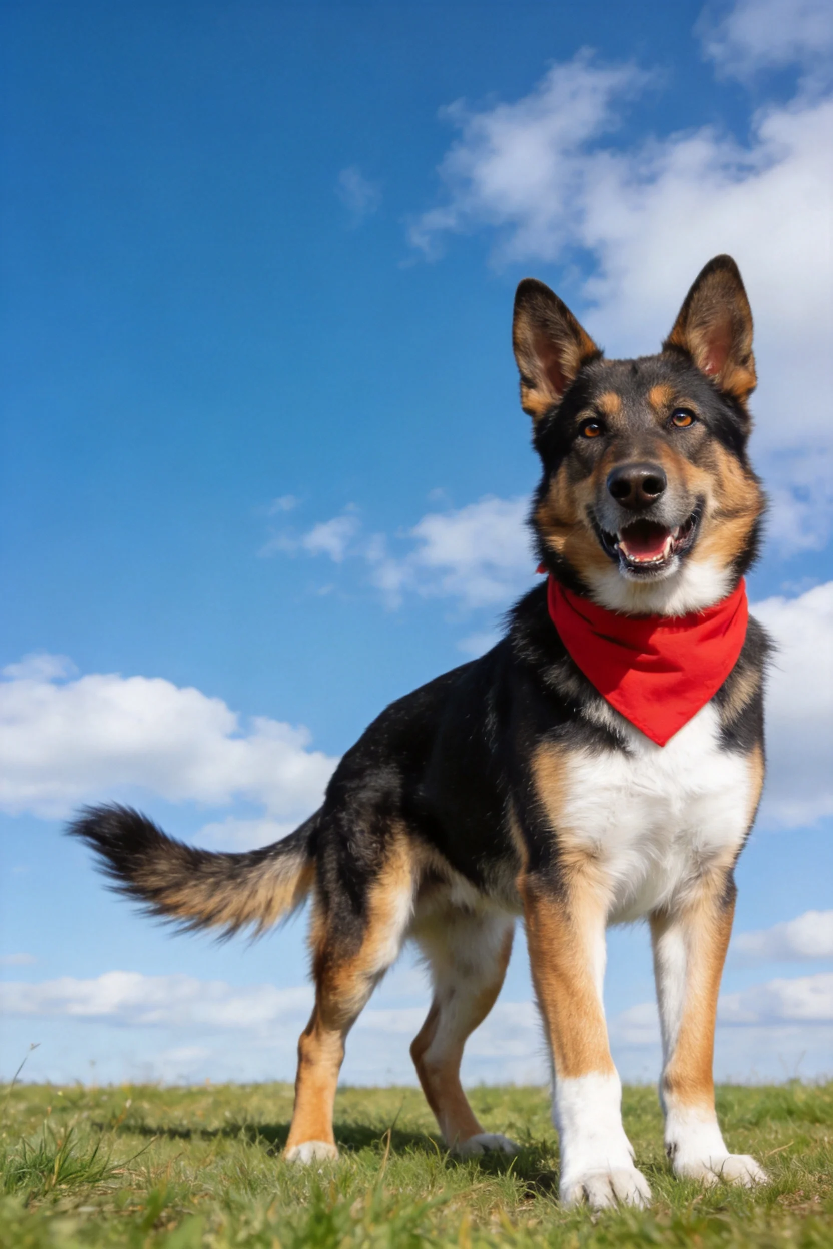 德国牧羊犬戴着红色方巾,耳朵竖立,眼神明亮,毛发油亮有光泽。