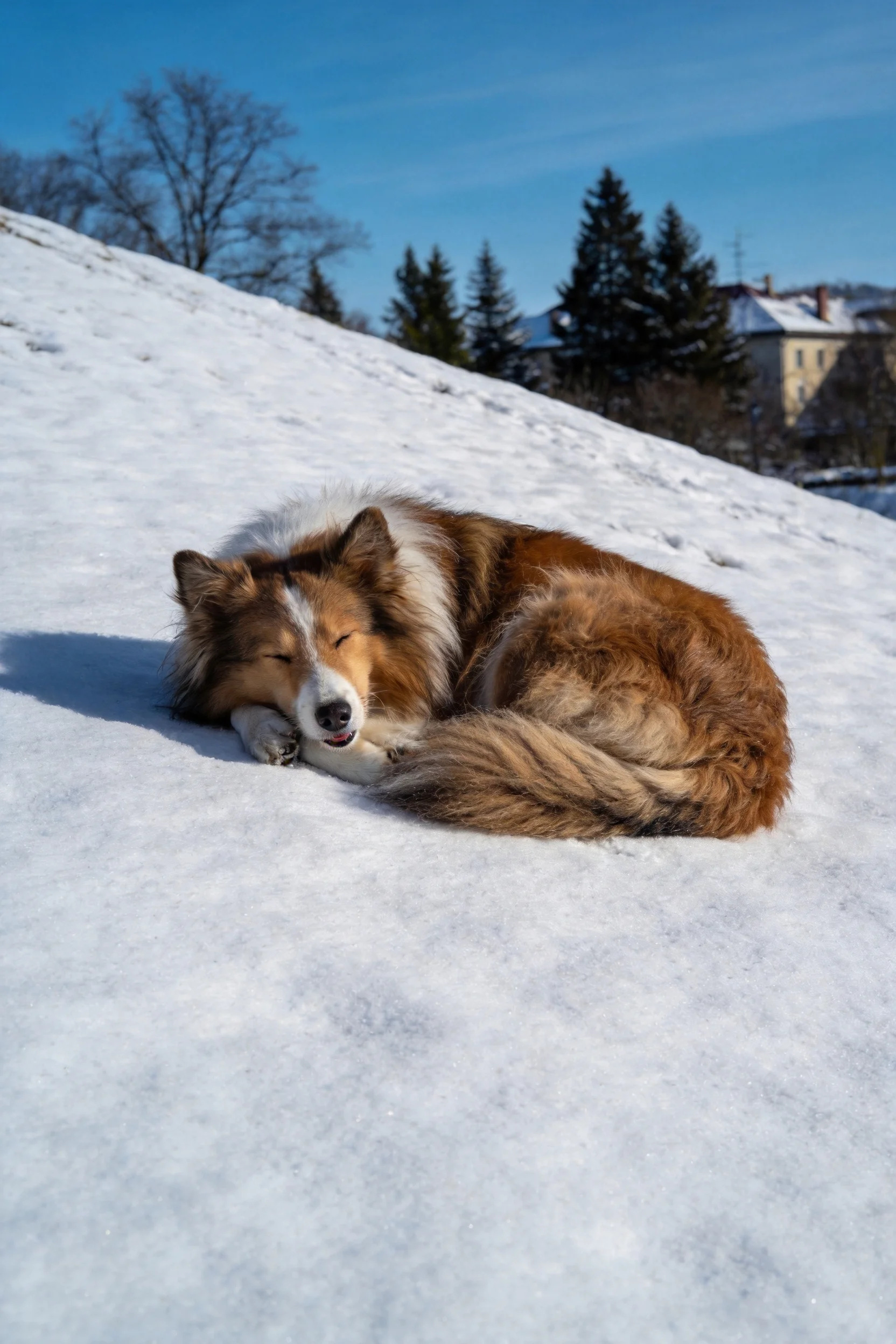 边境牧羊犬,毛发蓬松卷曲于雪地上,双眼微闭处于休息状态。