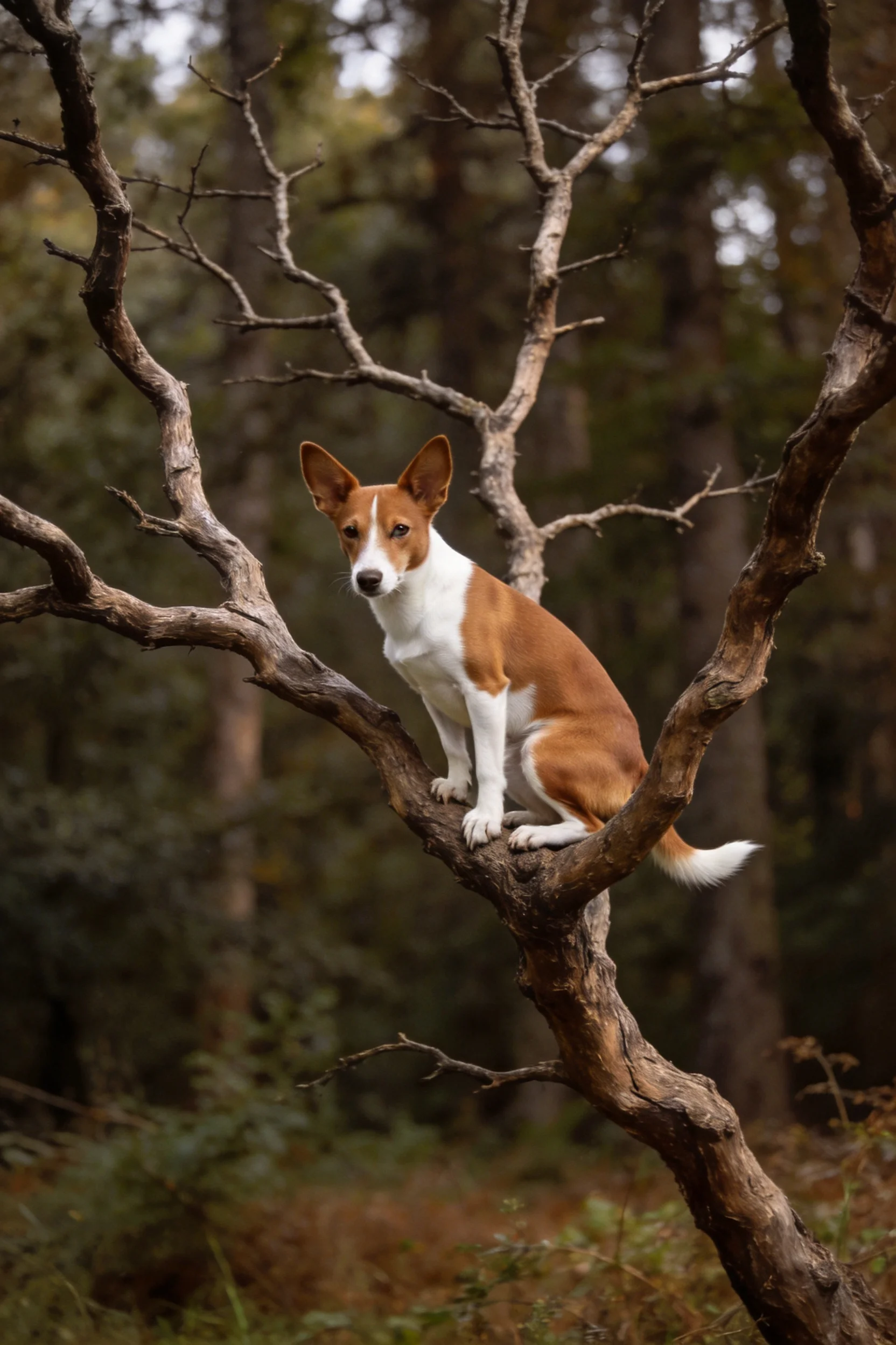 巴森吉犬稳坐枯树枝上,棕白相间被毛,耳朵竖立,眼神专注。