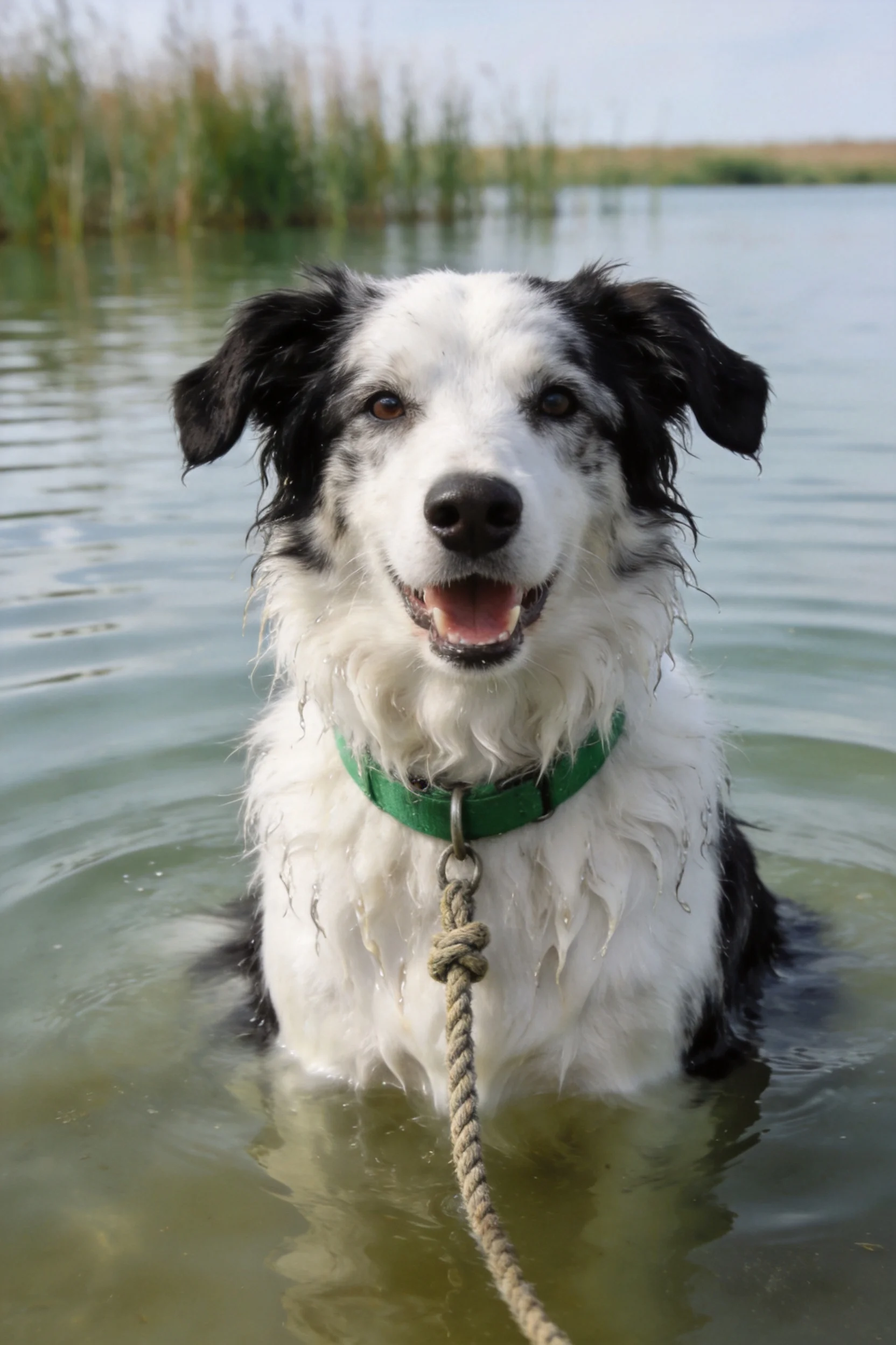 黑白边境牧羊犬站在水中,湿润的毛发贴在脸部,佩戴绿色项圈。