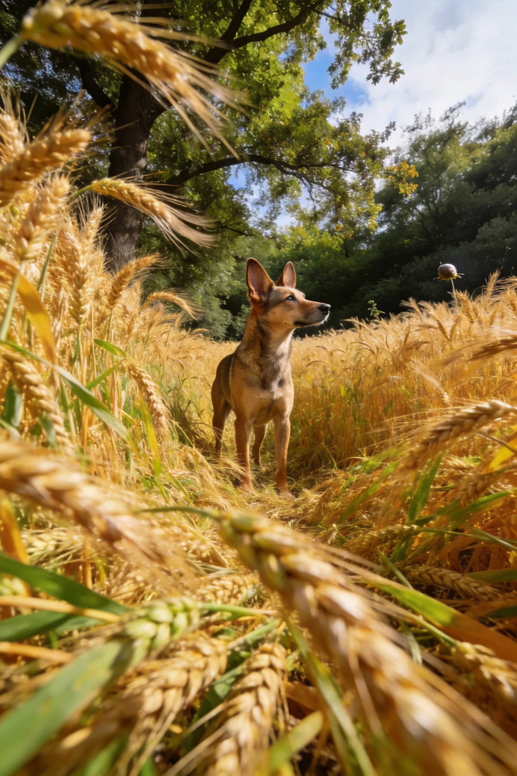 一只德牧犬站在金色麦田中,毛发短而浓密,周围是金黄色的麦秆,阳光透过树叶洒落。