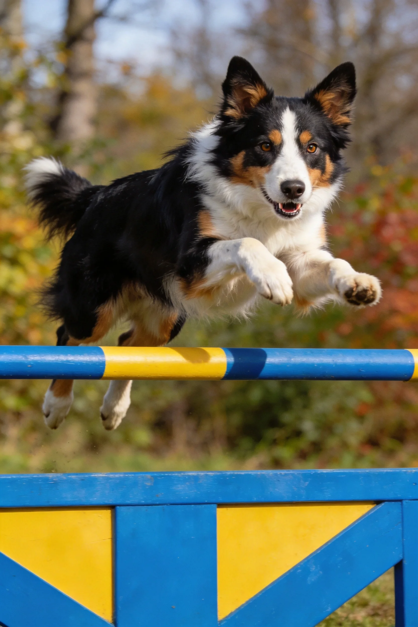 边境牧羊犬跳跃障碍物,黑白棕相间被毛,四肢腾空姿态。