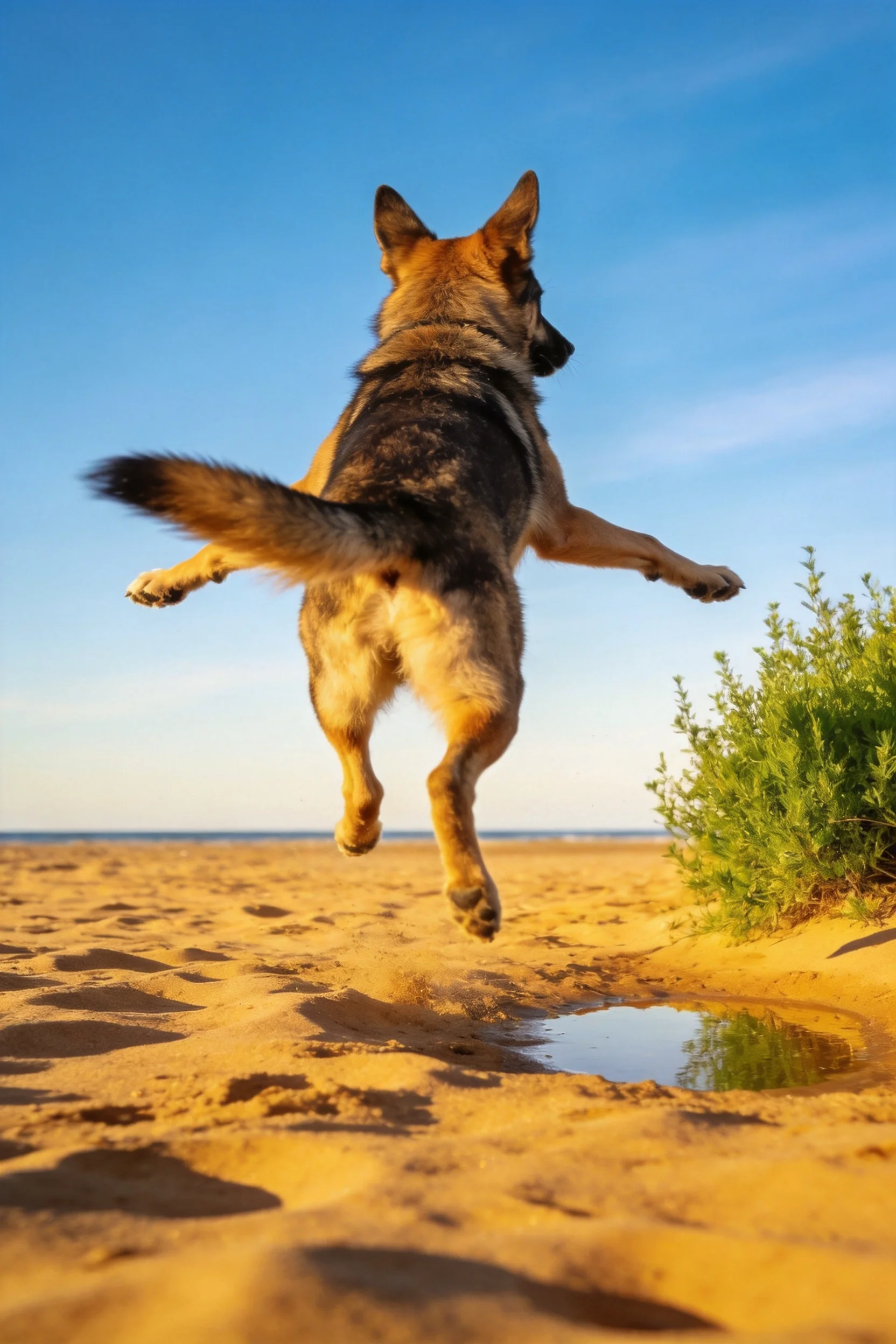 德牧犬腾空跃过沙滩,黑色的腿部肌肉紧绷,展现出强劲的力量感。