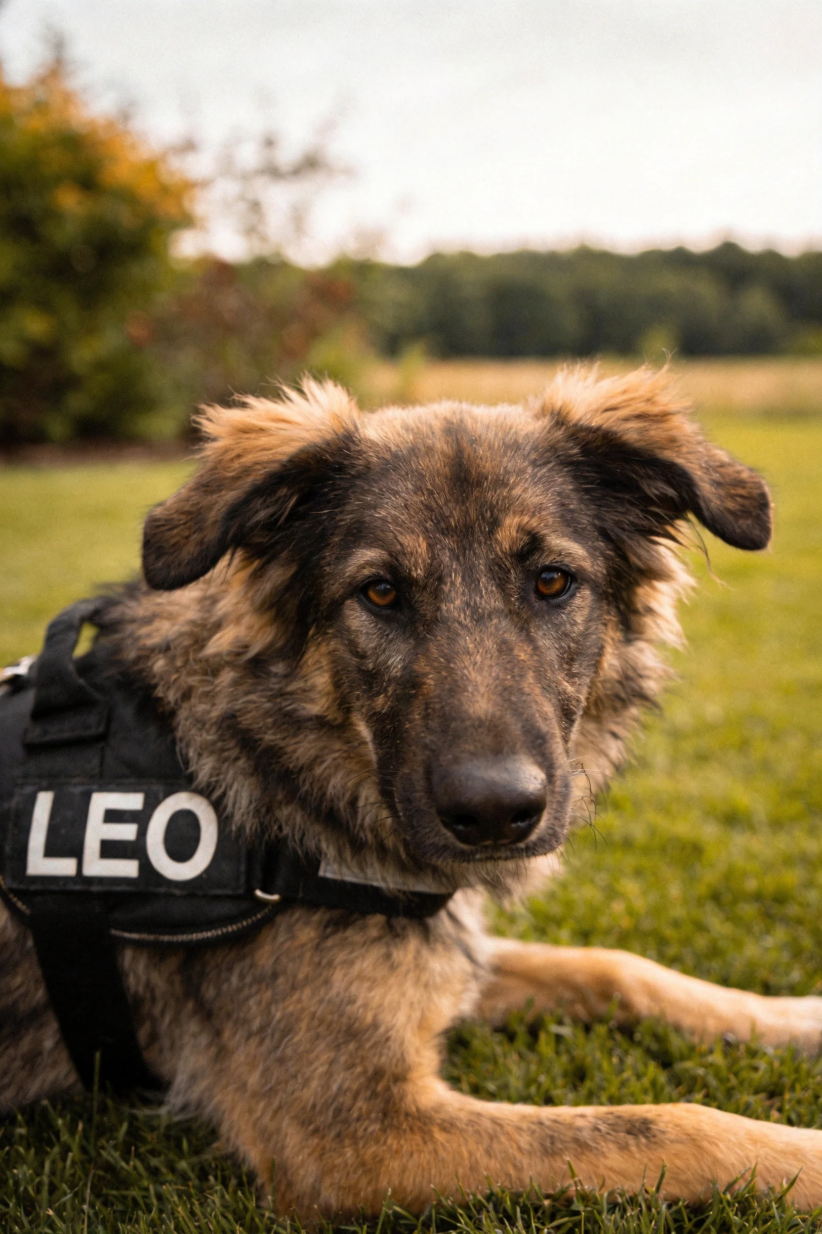 一只德国牧羊犬趴在草地上,身穿印有字样的黑色背心,黑棕色毛发清晰可见。