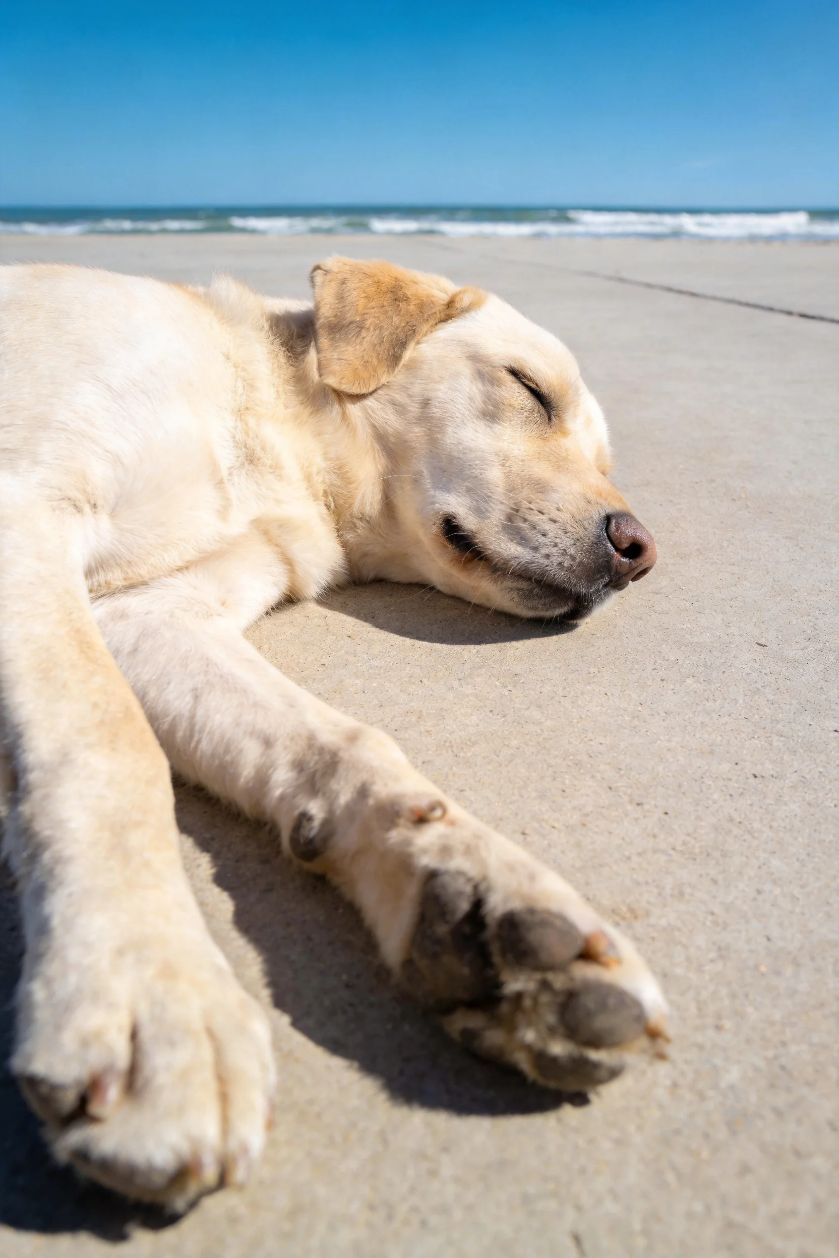 拉布拉多幼犬浅黄色毛发柔软贴在沙滩上,双眼紧闭处于休息状态。