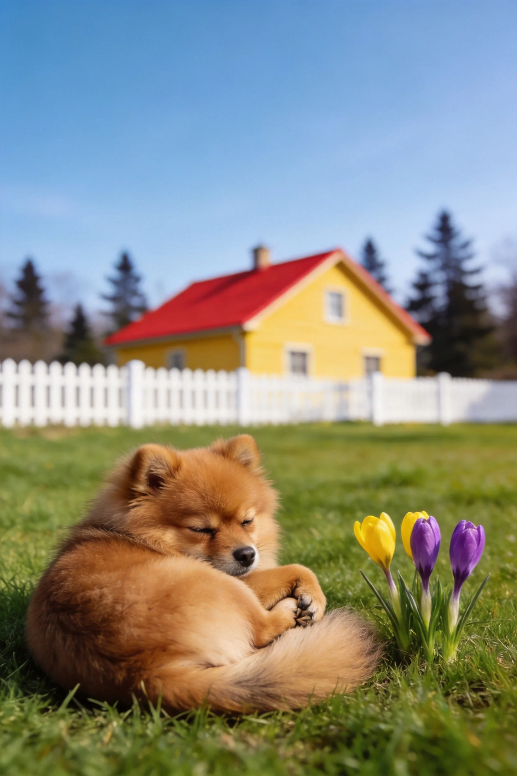 博美犬蜷卧在草地上,身旁有明黄色和淡紫色紫番红花,背景是带红色屋顶的黄色住宅。