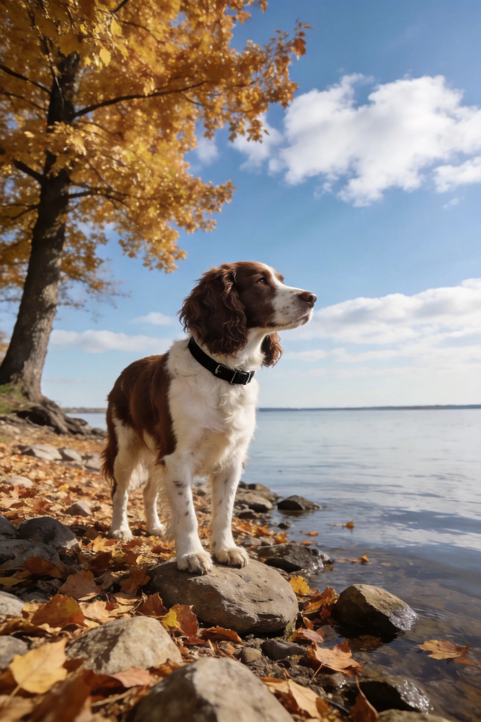 一只英国史宾格犬正安静地站立在湖畔岩石上,它棕白相间的被毛在阳光下清晰可见。