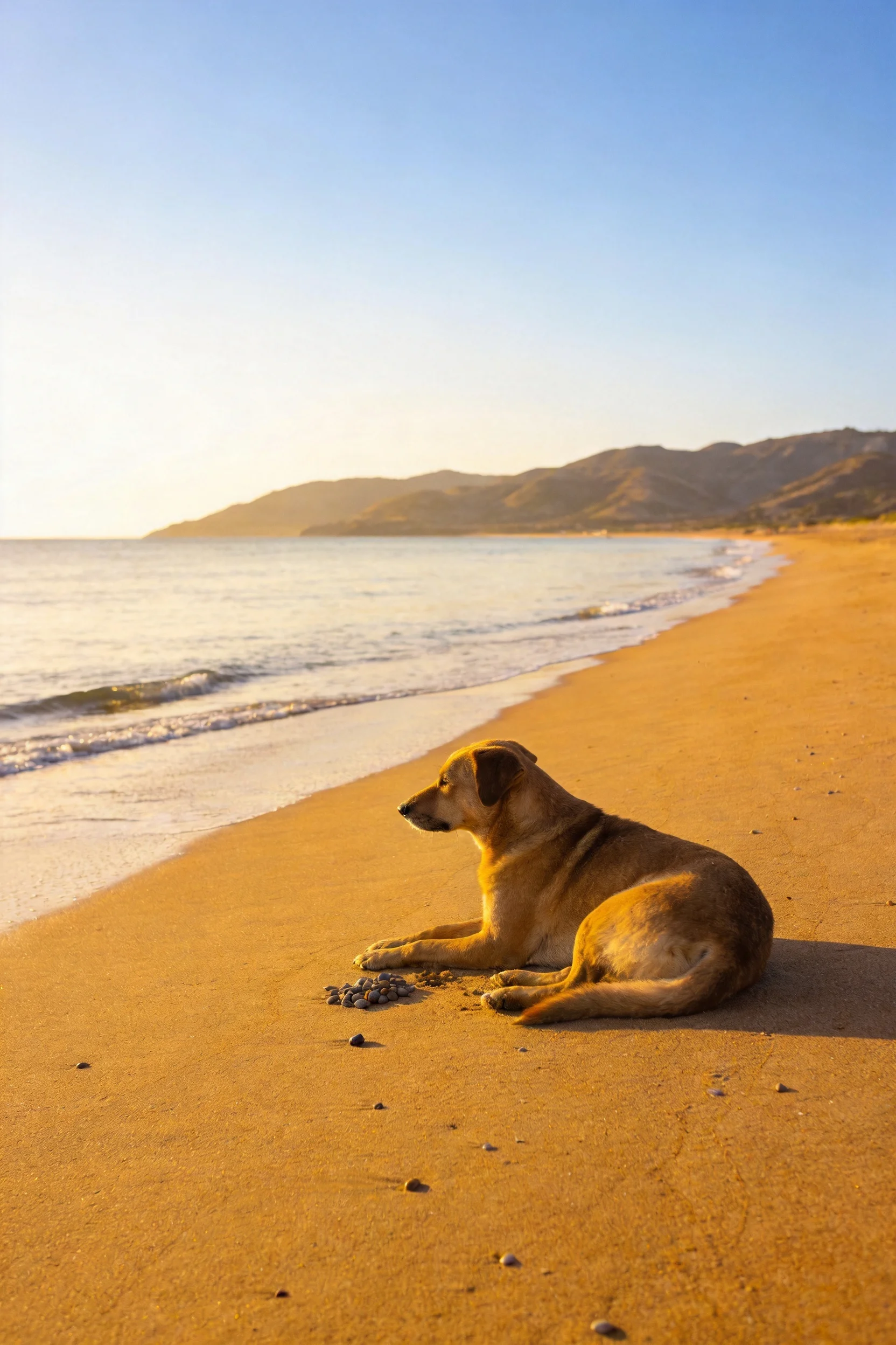 沙滩上一只浅棕色混血家犬安静地坐着,目光望向远方海面,身旁有零散的石子。