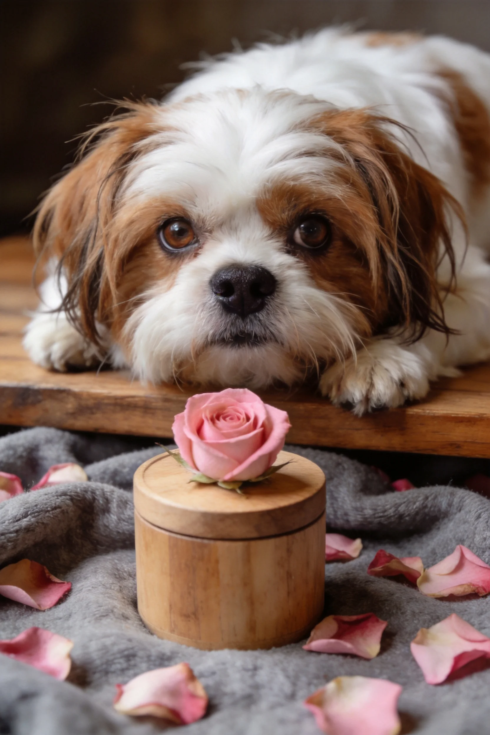 西施犬目光温柔注视着顶部的粉色玫瑰花,毛发柔软且蓬松。