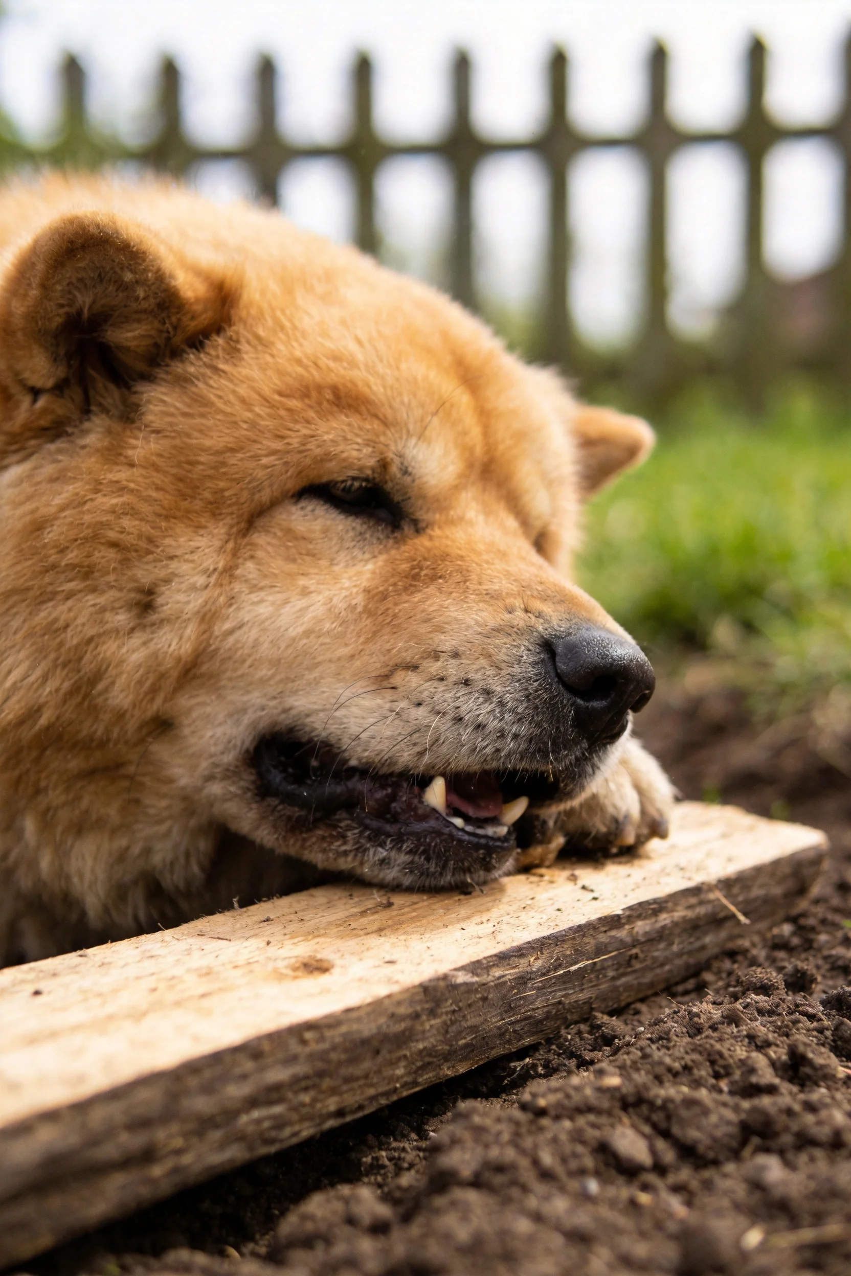 浅棕色柴犬将头部靠在木板上,鼻尖湿润,处于放松状态。