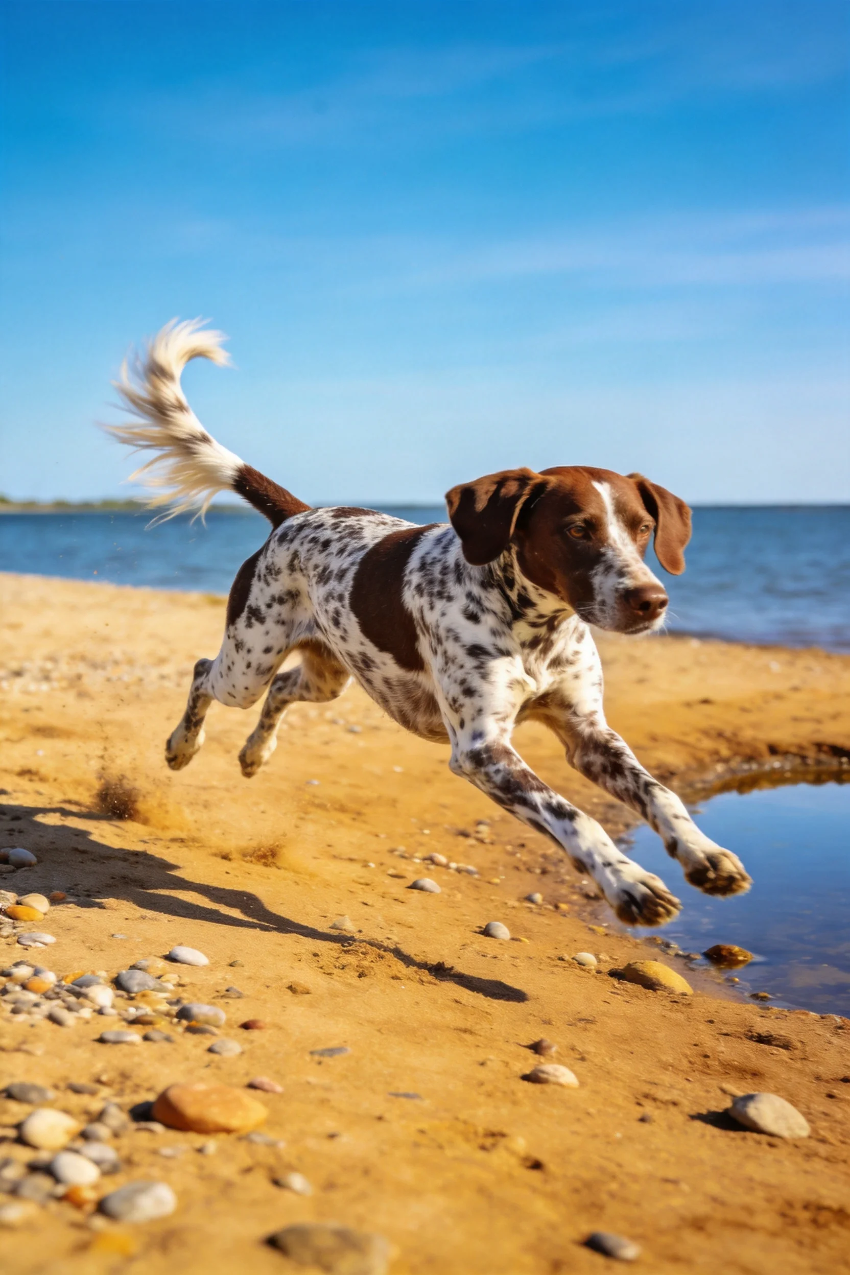 德国短毛指示犬正以腾空姿态跨越沙滩,白底黑斑的被毛在阳光下清晰可见,四肢伸展展现运动状态。