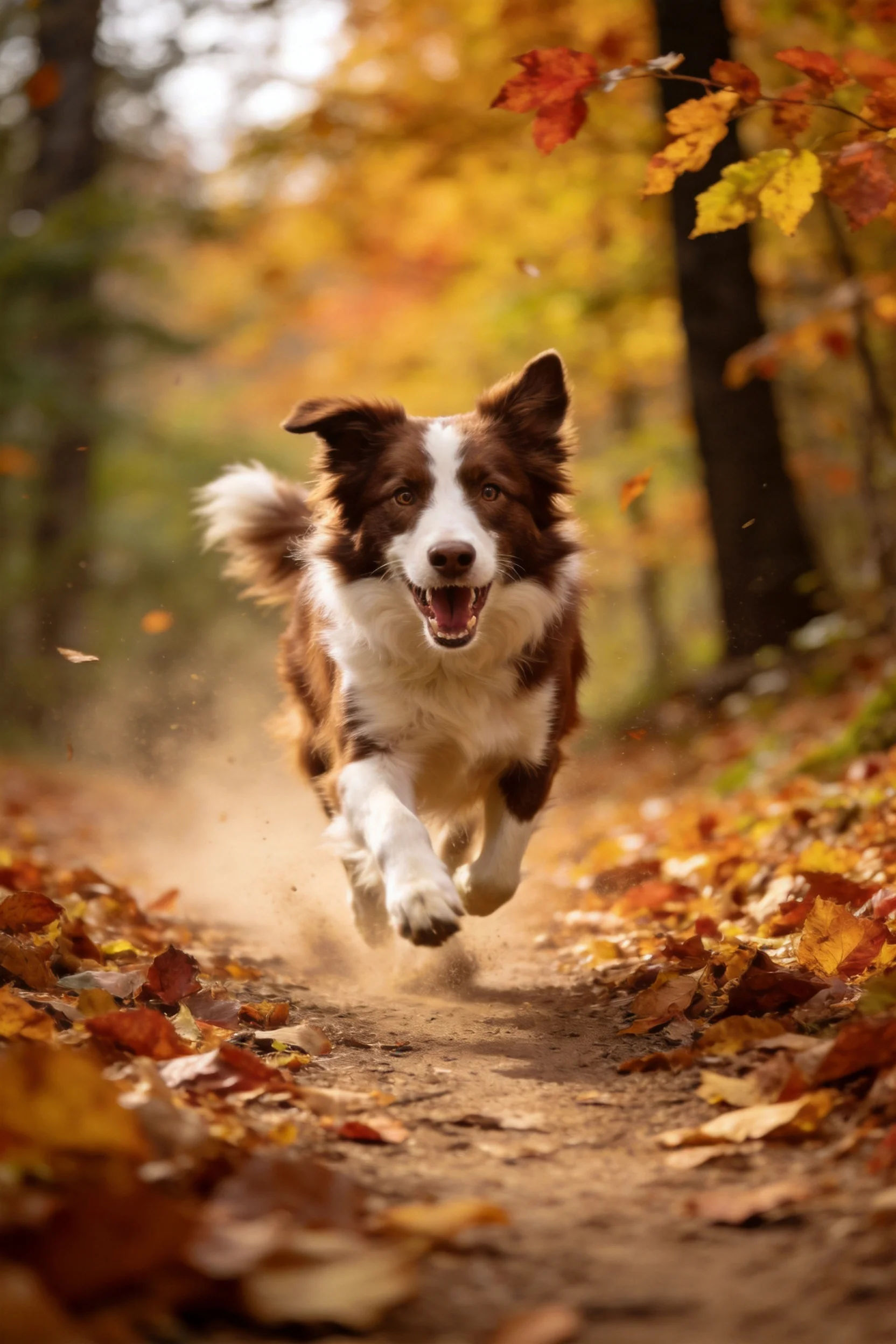 一只棕白相间的边境牧羊犬在满是落叶的泥土小径上奔跑,前爪抬起,扬起细碎尘土。